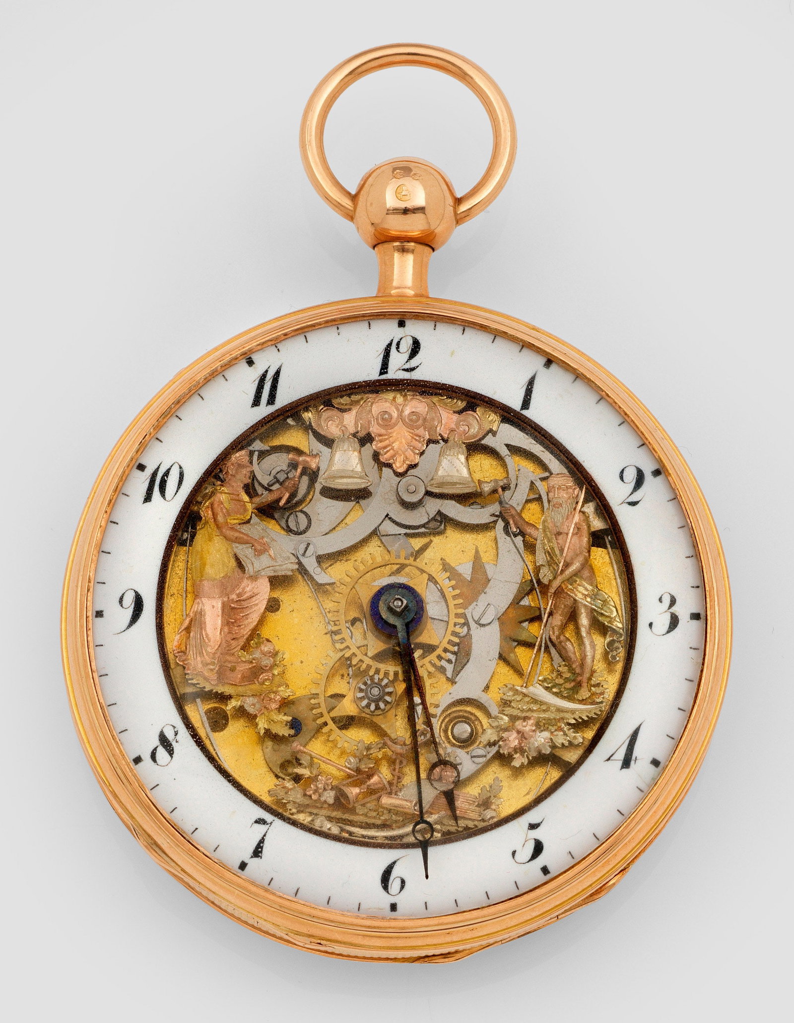 Seltene Skeleton-Taschenuhr mit Automatenfunktion: Frankreich. Paris, um 1820. Roségold, Garantiestempel für 750. Fein guillochiertes Uhrengehäuse. Vergoldete Cuvette, bez. "L. Saultois 1828". Weißer Emailziffernring mit arabischen Zahlen und gebl
