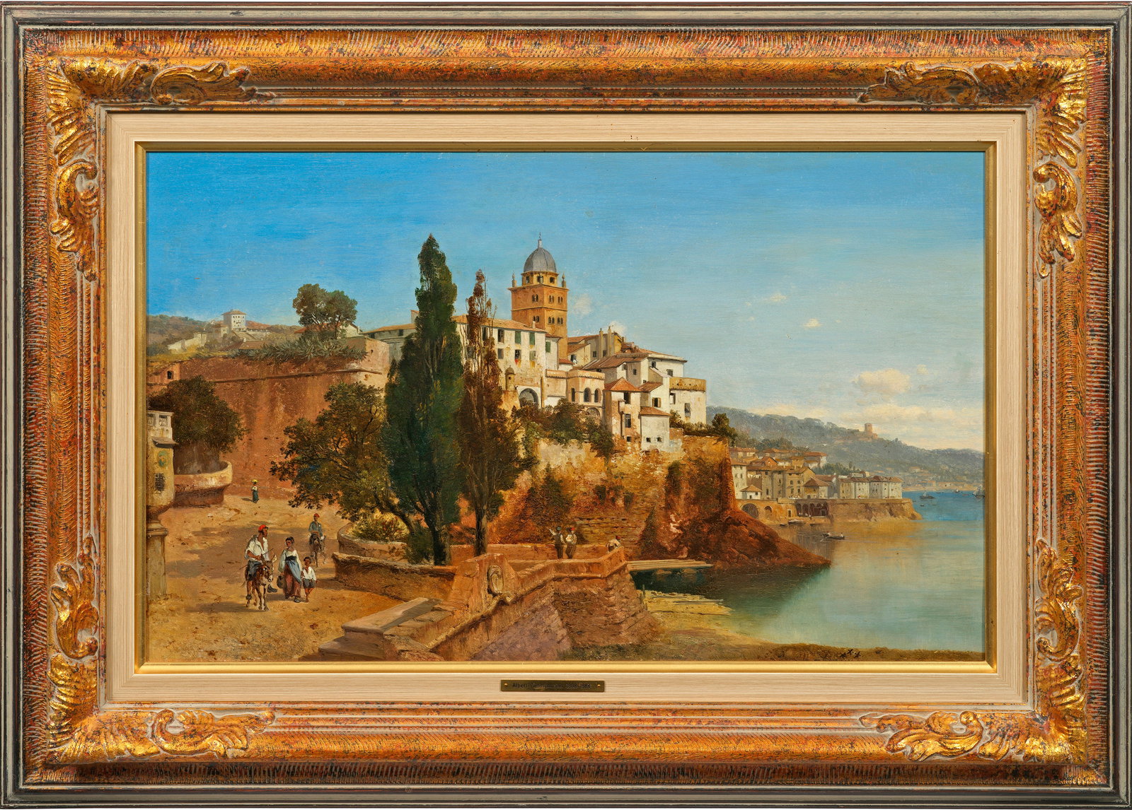 Albert August Zimmermann: (1809 Zittau - 1888 München) Küstenpartie in Ligurien Unter wolkenlosem Himmel prangen über dem Meer ein mittelalterlicher Campanile und an den Felsen geschmiegte Gebäude, Zypressen und Genremotiv