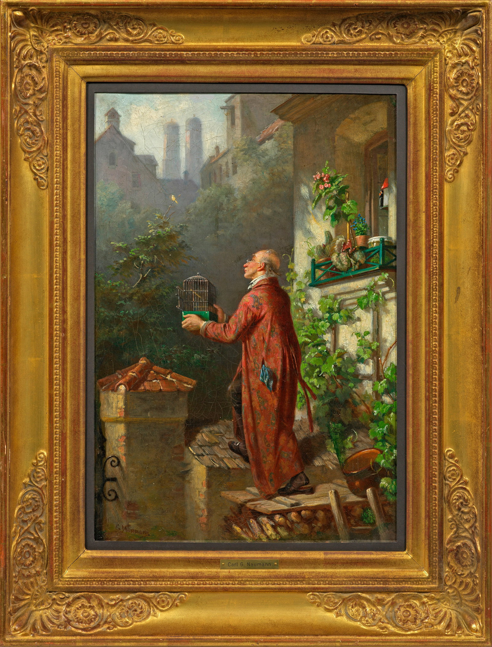 Carl (Karl) Naumann: (1827 Königsberg i. Pr. - 1902 München) "Entflohener Liebling". Originaltitel Stimmungsvolle, erzählerische, spielende Genreszene, bei der ein im Hausmantel auf die Gartenmauer kletternder, disting