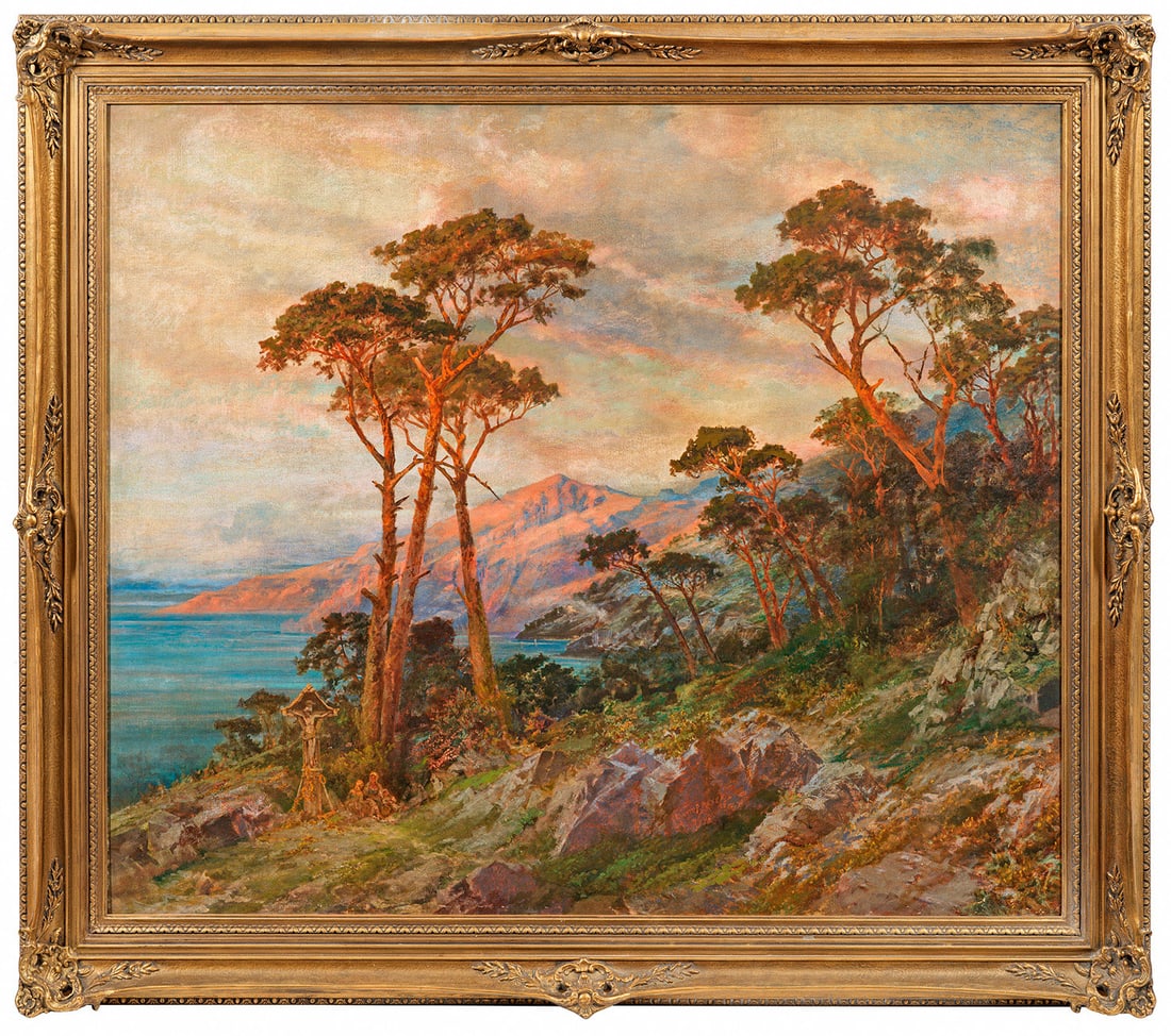 Ernest Preyer: (1842 Manchester - 1917 Düsseldorf) Mediterrane Küste Atmosphärisch eindringliche Darstellung eines in voller Abendsonne leuchtenden, mit Kiefern bestandenen Felsabhangs über einer mit Hängen ges