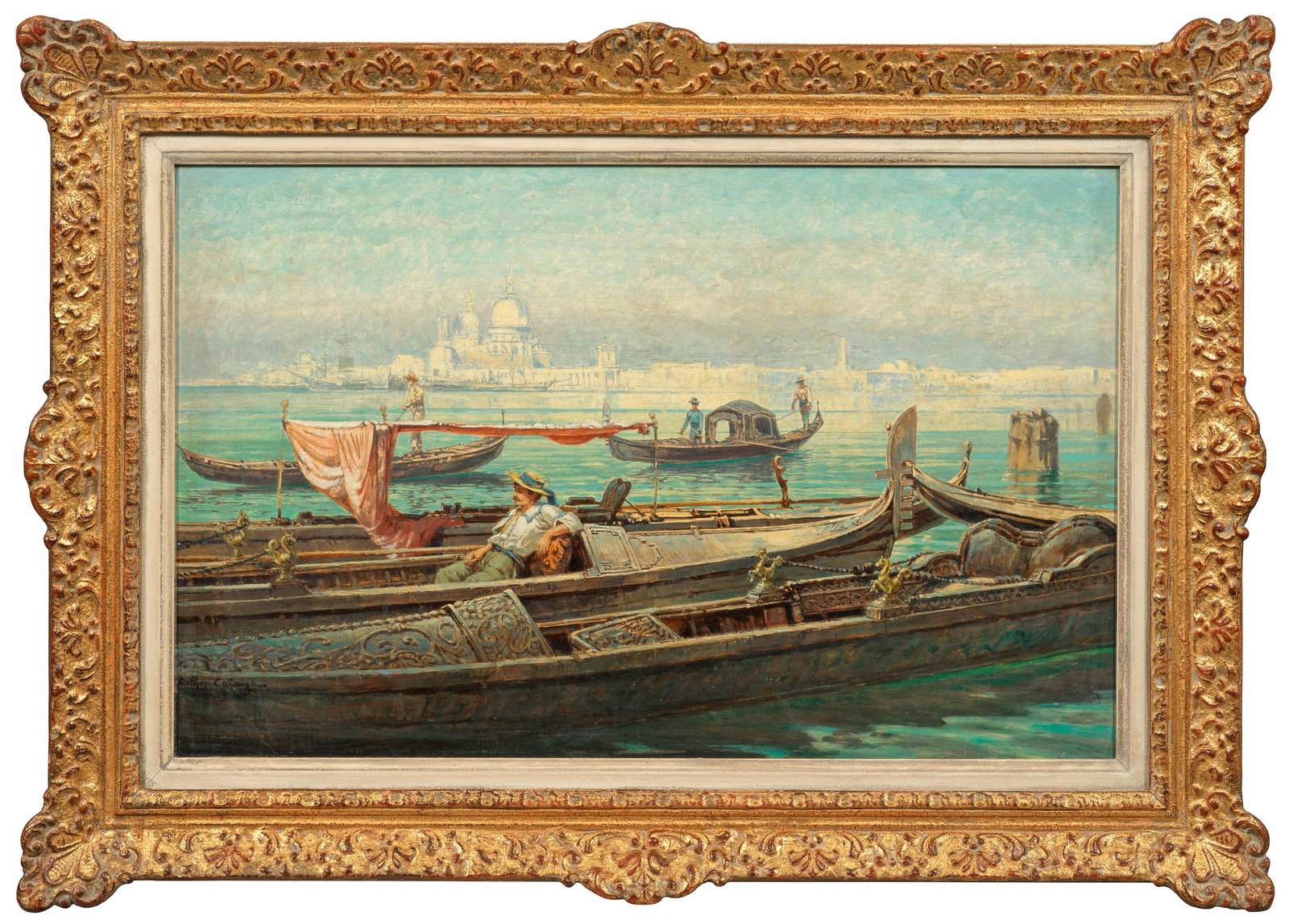 Arthur Calame: (1843 Genf - 1919 ebenda) Ansicht von Venedig mit Gondeln vor der Santa Maria della Salute Das morgendliche, mediterrane Licht einfangendes Werk Calames mit hellem, fein nuanciertem Kolorit. Er war