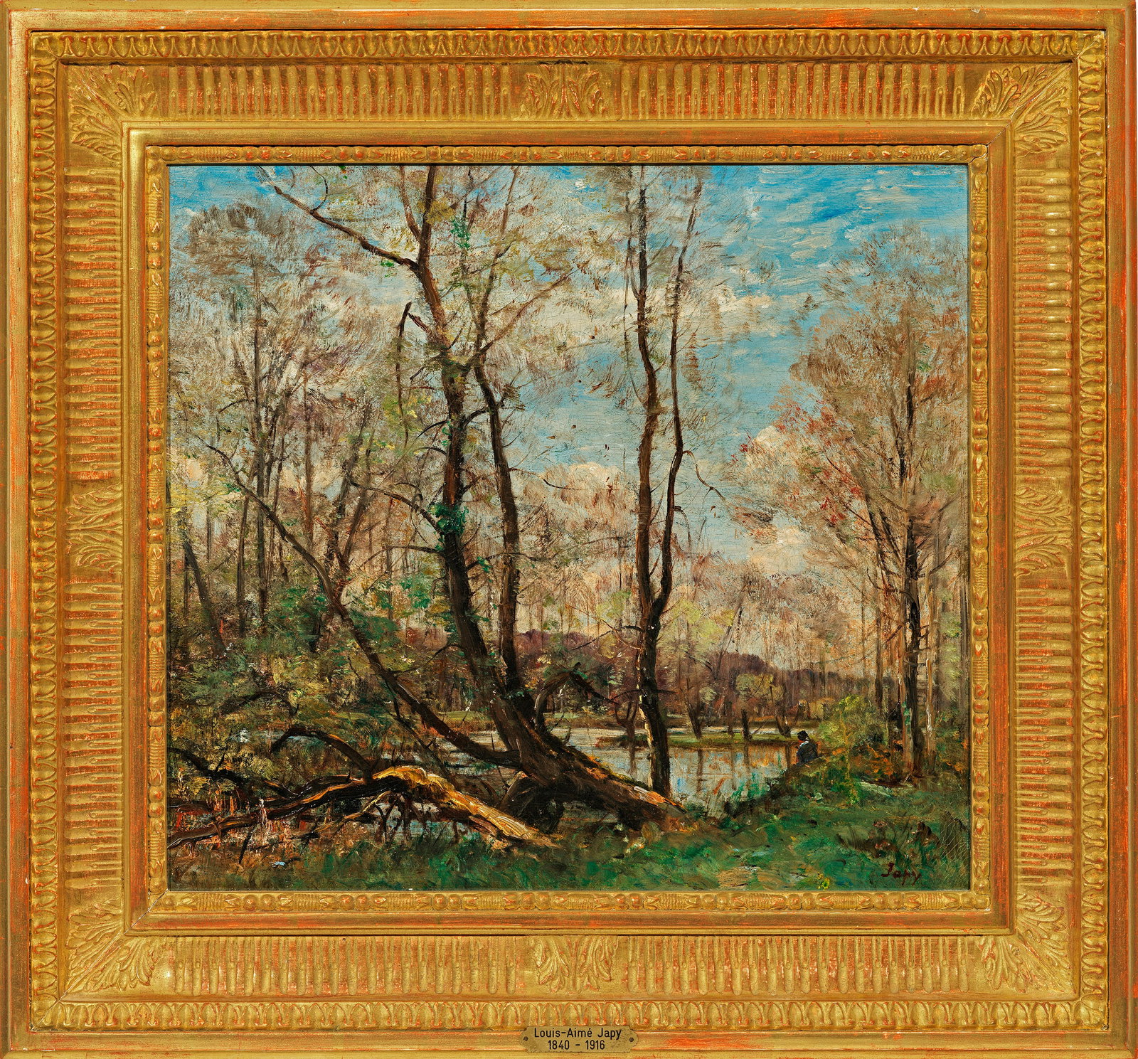 Louis-Aimé Japy: (1840 Berne/Doubs - 1916 Paris) Landschaftsidyll Unter duftig bewölktem Himmel die dicht bewachsene, friedvolle Landschaftsimpression in beeindruckender Lichtbehandlung. Mit virtuos nuanciertem Duktu