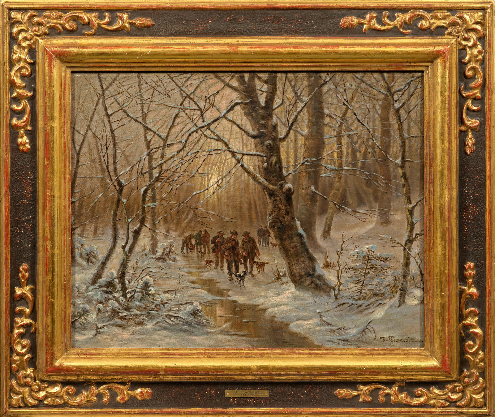 Desiré Thomassin: (1858 Wien - 1933 München) Jäger im Schnee Tief verschneiter Winterwald mit einer Gruppe von Jägern, die mit ihren Hunden einen zugefrorenen Bachlauf entlangstreifen. Stimmungsmalerei und realistis