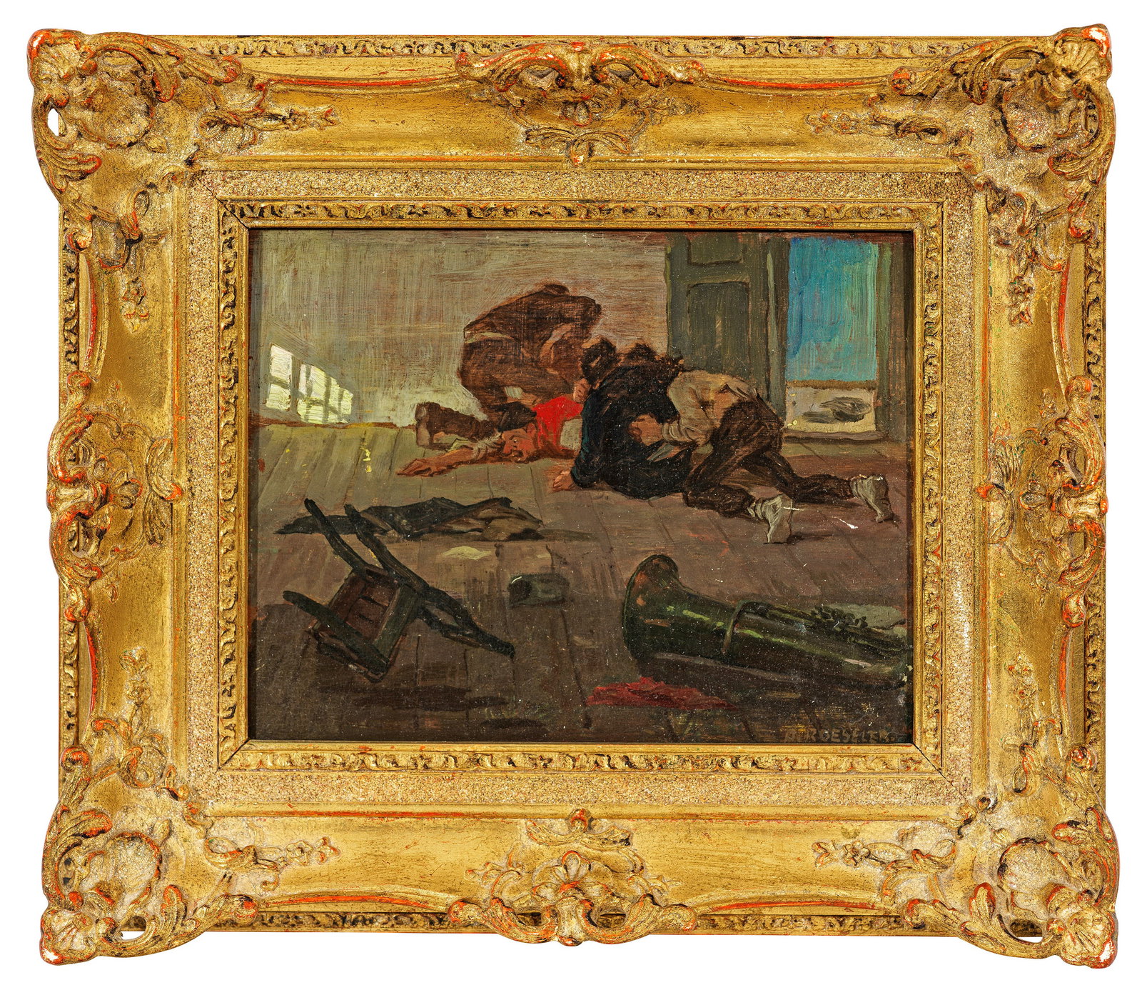 August Roeseler: (1866 Hamburg - 1934 München) Prügelei in einer bayerischen Wirtschaft Mit derbem Humor geschilderte Genreszene. Roeseler studierte seit 1884 an der Akademie in München und war nach dem Studium au�