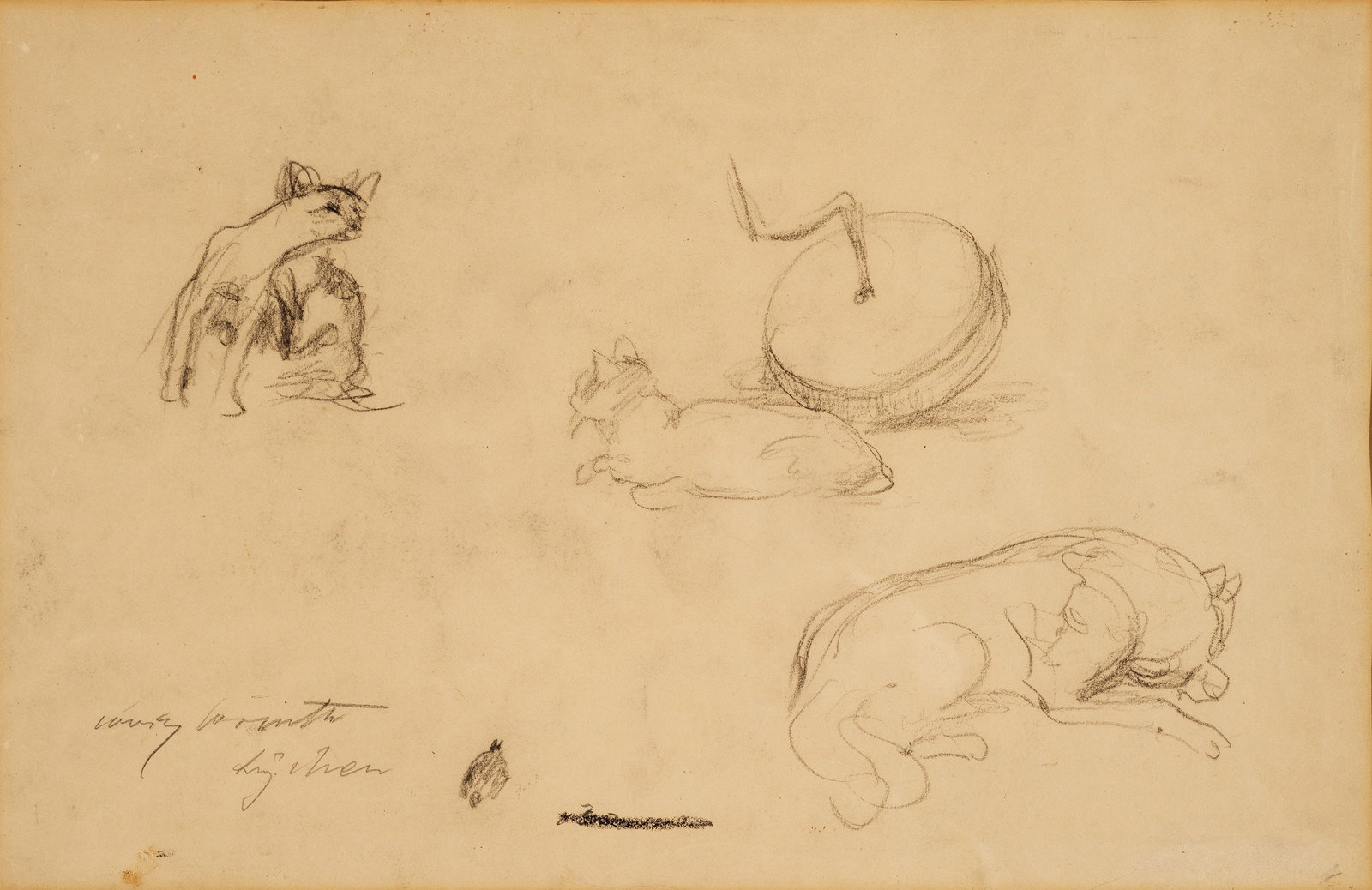 Lovis Corinth: (1858 Tapiau - 1925 Zandvoort) Tierstudien von Katzen und einem schlafenden Hund Unter den Tieren, die Corinth malte, gehörten Katzen zu den favorisierten Tieren. Neben Max Liebermann und Max Slevogt