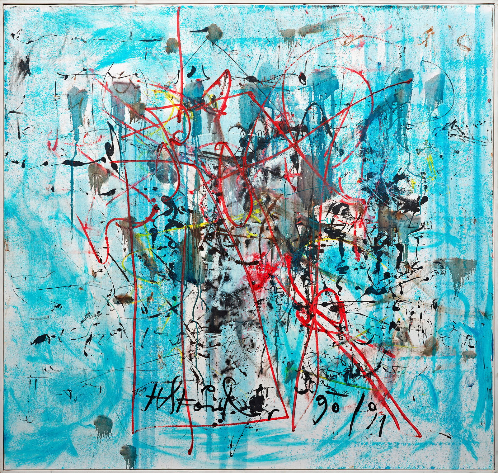 Hans Staudacher: (1923 St. Urban/Kärnten - 2021 Wien) "Für Ferdl". Originaltitel Charakteristisches großes Werk tachistischer Kunst Staudachers, der ein Hauptvertreter der informellen Malerei Österreichs ist. 1956