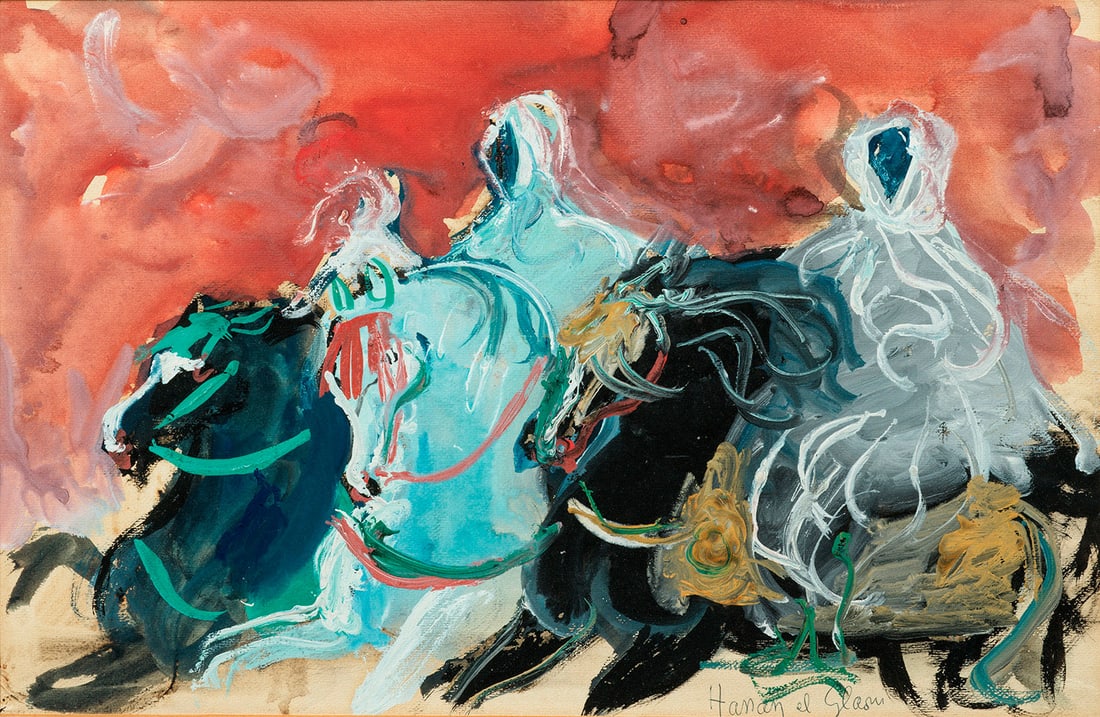 Hassan El Glaoui: (1923 Marrakesch/Marokko - 2018 Rabat) Drei marokkanische Reiter In Motiv und Stil repräsentatives Werk El Glaouis, der besonders Reitermotive und das Leben der Berberstämme und an den Höfen schild