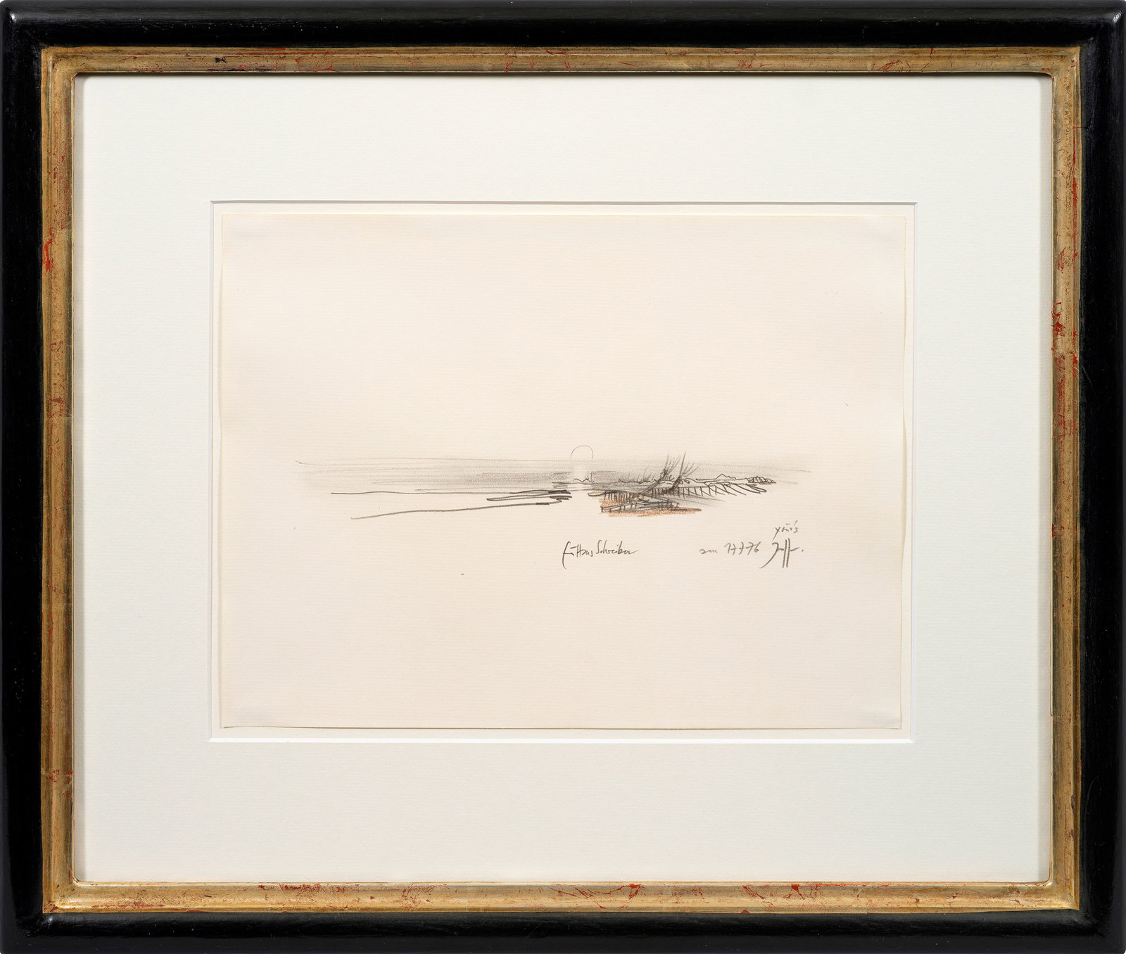 Horst Janssen: (1929 Hamburg - 1995 ebenda) Küstenlandschaft im Abendlicht Kraftvoll und dynamisch gezeichnete Küstenimpression in abendlicher Stimmung mit der, bereits zur Hälfte am Horizont versunkenen Sonne. B