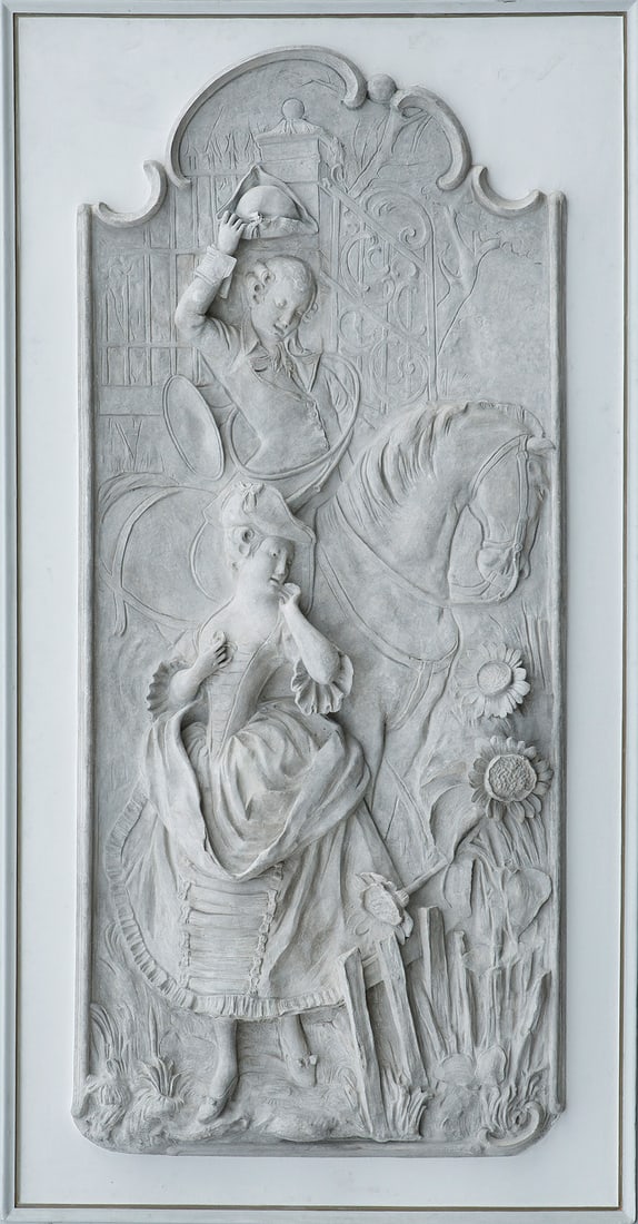 Süddeutscher Bildhauer des Rokoko: (Tätig im 18. Jh.) Monumentales Wandrelief mit Szenen aus dem Leben eines Edelmannes Stuck, teilw. im Relief gearbeitet. Repräsentative Wandvertäfelung für ein Palais aus einer Folge von zumindest