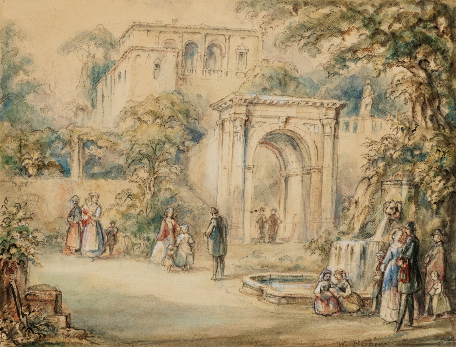Woldemar Hermann: (1807 Dresden - 1878 ebenda) Italienische Parklandschaft mit reicher Figurenstaffage Fein ausgeführtes Blatt des Architekten und Malers, der 1828-30 nach Italien reiste und dort viele Skizzen schuf,