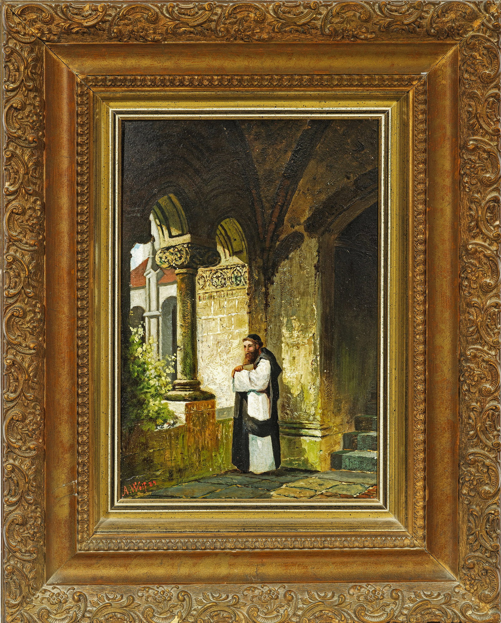 August Wolf: (1842 Weinheim - 1915 Venedig) Kreuzgang mit Mönch Wärmende Sonnenstrahlen fallen durch die Bögen des Mauerwerks und erhellen den dunklen Kreuzgang, in dem ein Mönch mit einem Brevier unter dem Ar