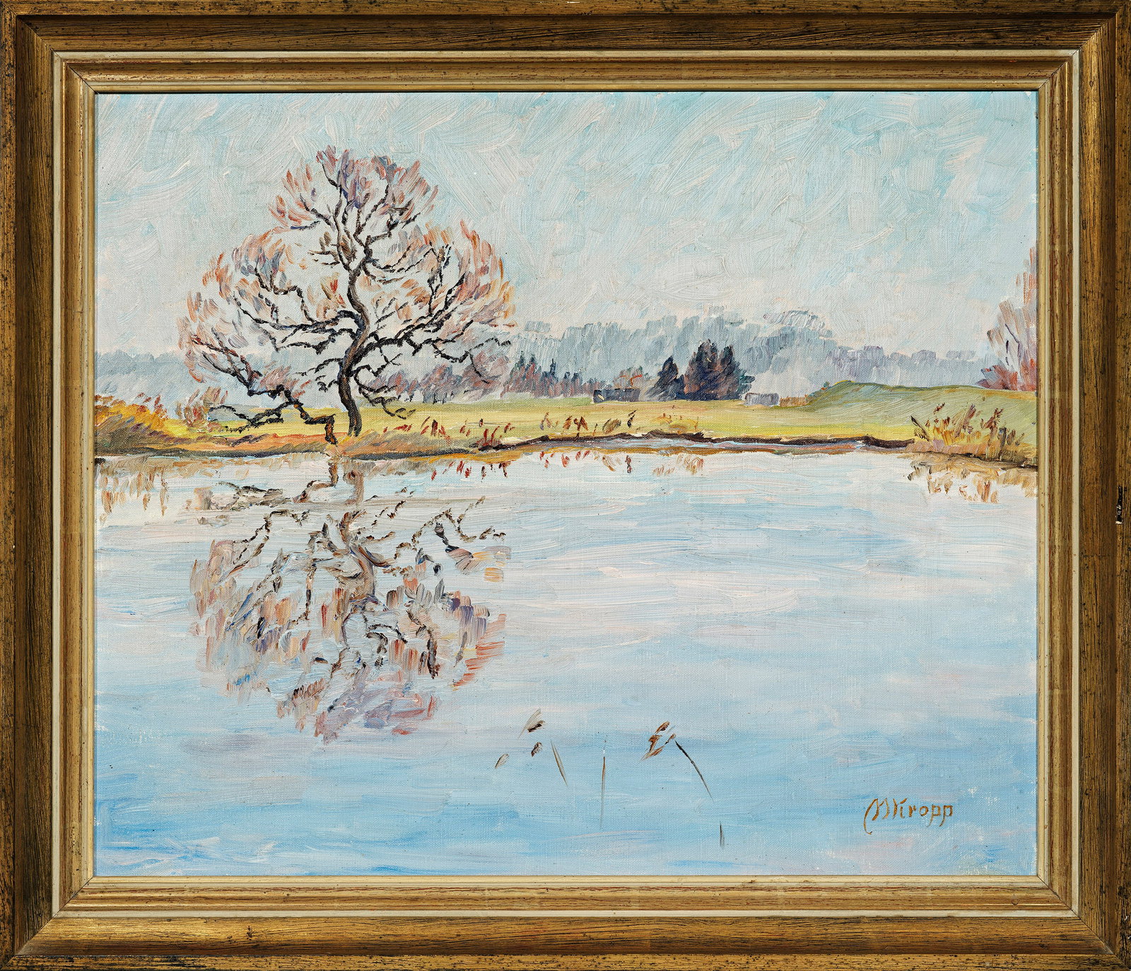 Martha Kropp: (1880 Burtscheid/Aachen - 1968 Karlsruhe) Herbstliche Seenlandschaft Friedvolle, spätherbstlich anmutende Partie an einem See, in dessen sanfter Wasseroberfläche sich die Ufervegetation spiegelt. Ma