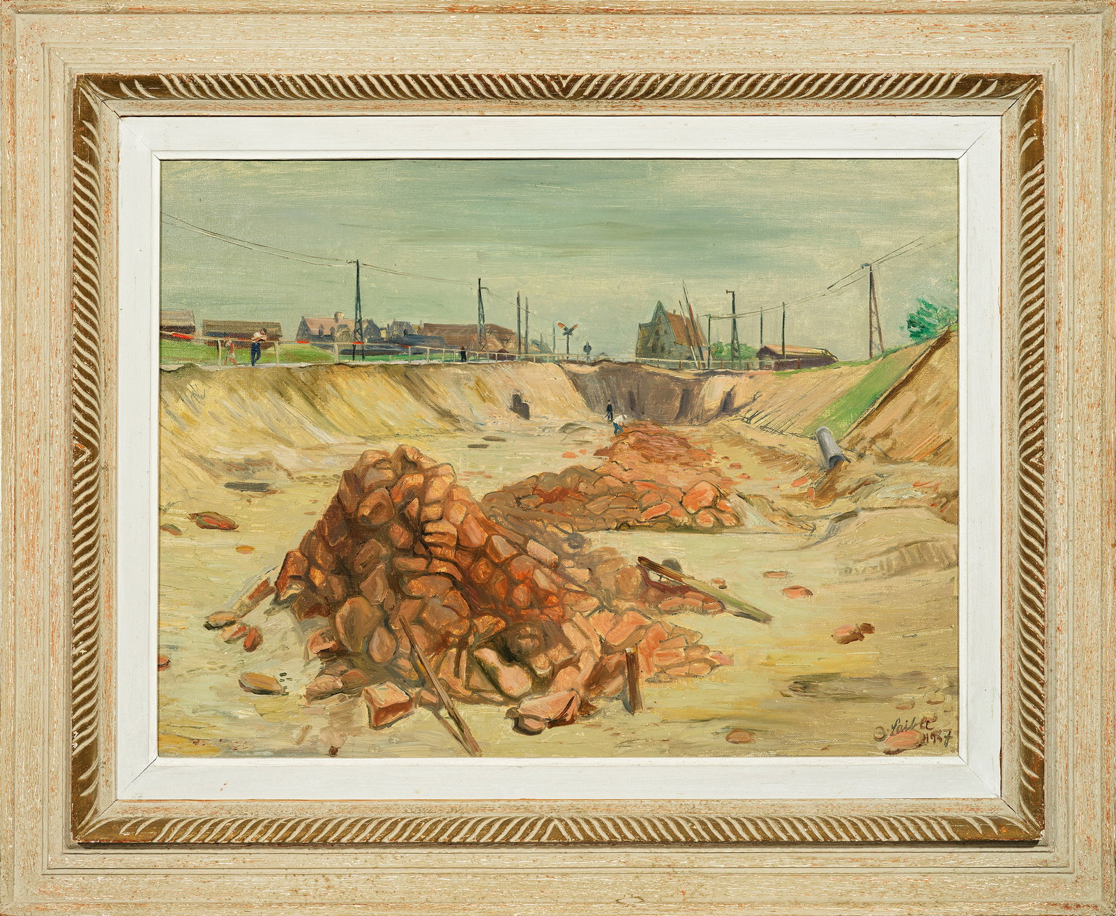 Otto Laible: (1898 Haslach im Kinzigtal - 1962 ebenda) "Baustelle am Kher (/) Rheinhafen". Originaltitel In lichten Farben und pastelltoniger Palette schildert Laible hier vermutlich den Ausbau des Krefelder Rhein