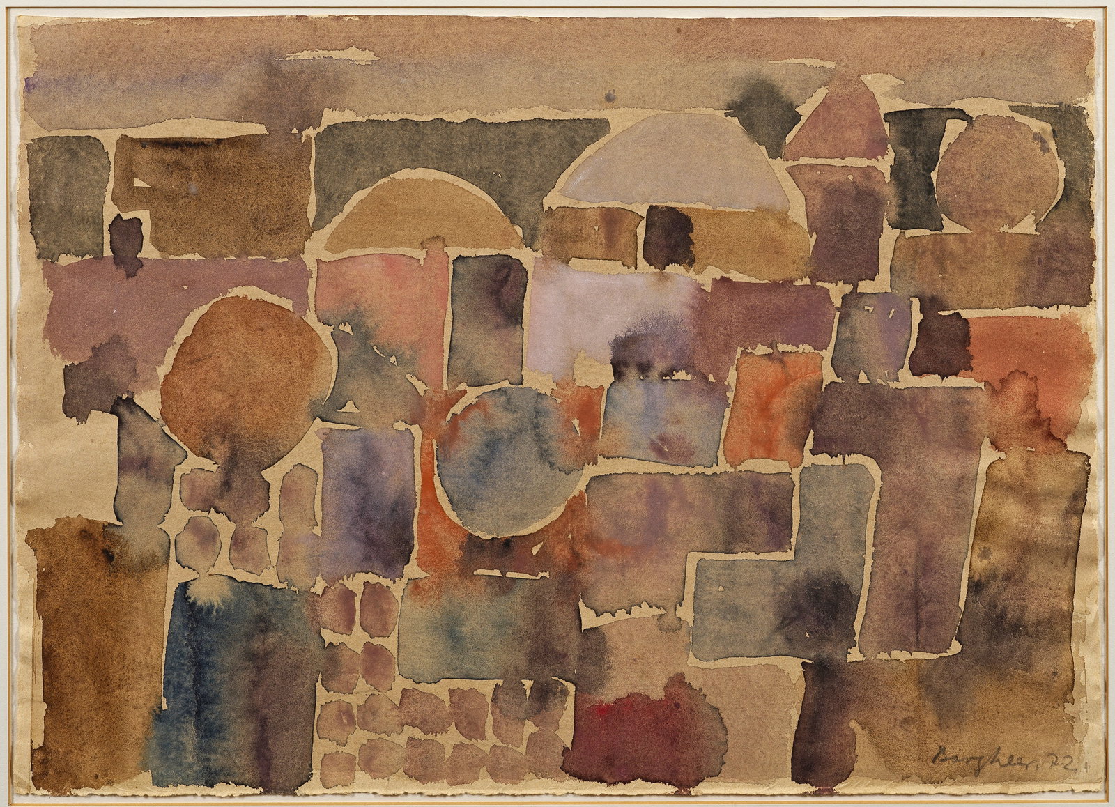 Eduard Bargheer: (1901 Finkenwerder - 1979 Hamburg) "Am Abend II" Originaltitel Charakteristische, in atmosphärische Farbflächen zerlegte, südländische Stadtansicht Bargheers, in welcher der Einfluss von Paul Klee