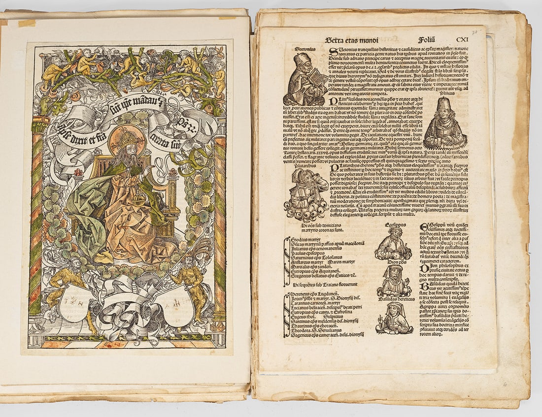 Sammlung "Schedelsche Weltchronik": Teilw. altkolorierte Holzschnitte und Letterdruck/Papier, 1493/1496/1497/1500. Ca. 200 lose Blätter in deutscher und lateinischer Sprache, sowohl aus den bei Anton Koberger (um 1440 - 1513) in Nürnb