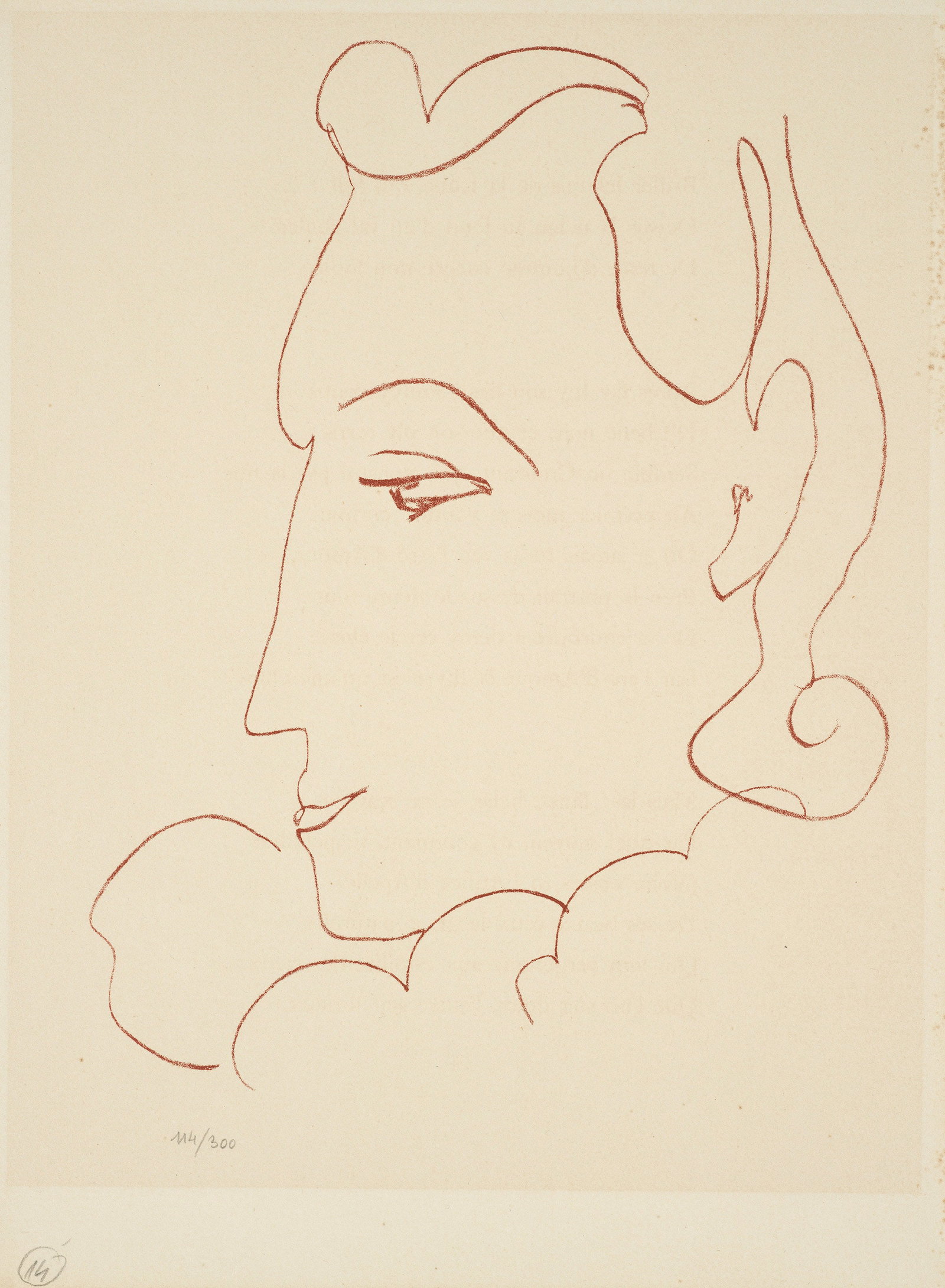 Henri Matisse: (1869 Le-Cateau-Cambrésis - 1954 Cimiez) Frau im Profil nach links Farblithographie/Vélin. Nummeriert 114/300 (sekundär). Verso typographisch bezeichnet (Buchdoppelseite, zusammengelegt). Wvz. Duth
