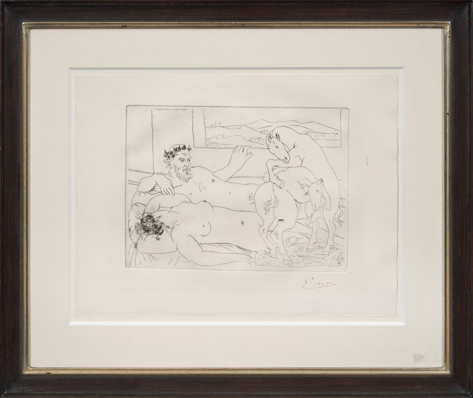 Pablo Picasso: (1881 Málaga - 1973 Mougins) "Le Repos du sculpteur" (Die Pause des Bildhauers). Originaltitel Radierung/Vélin, ca. 1933. Handsigniert. Blatt aus der berühmten Suite Vollard, die Picasso zwischen 1