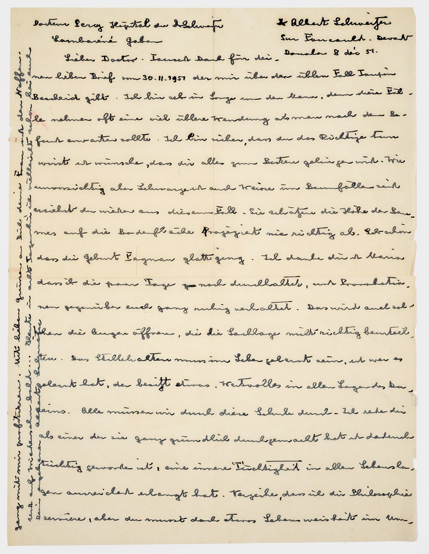 Unveröffentlichter Brief von Albert Schweitzer: 1 S. auf 1 Bl., unzertifizierter, eigenhändiger Brief mit Unterschrift und Umschlag, dat. 8. 12.1951, Luftpostpapier, 4°-Format. Anbei maschinenschriftliche Abschrift, wohl von F. Bechtle. Auf Akten