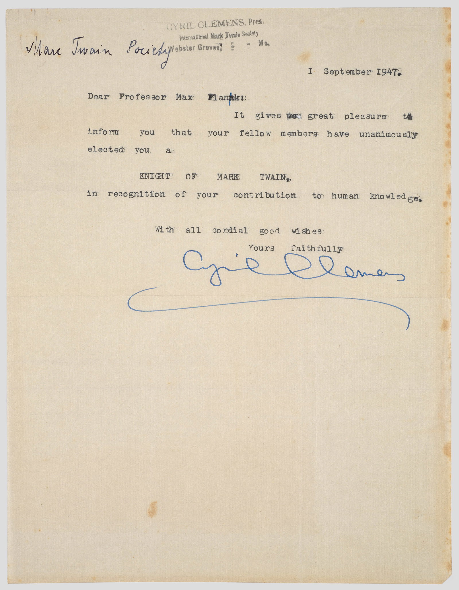 Brief von Cyril Clemens an Prof. Dr. Max Planck (1 of 1)
