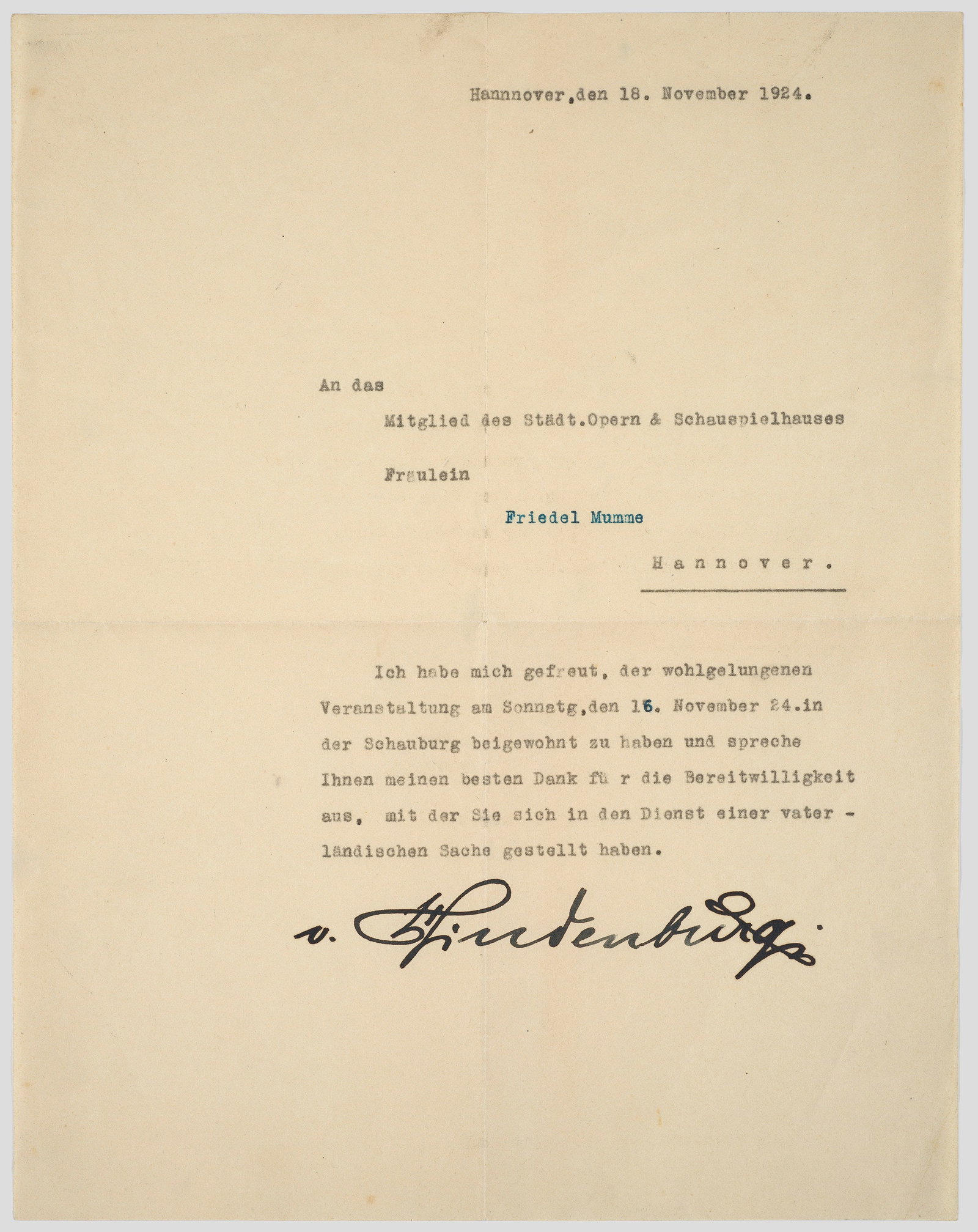 Brief von Paul von Hindenburg an Friedel Mumme (1 of 1)