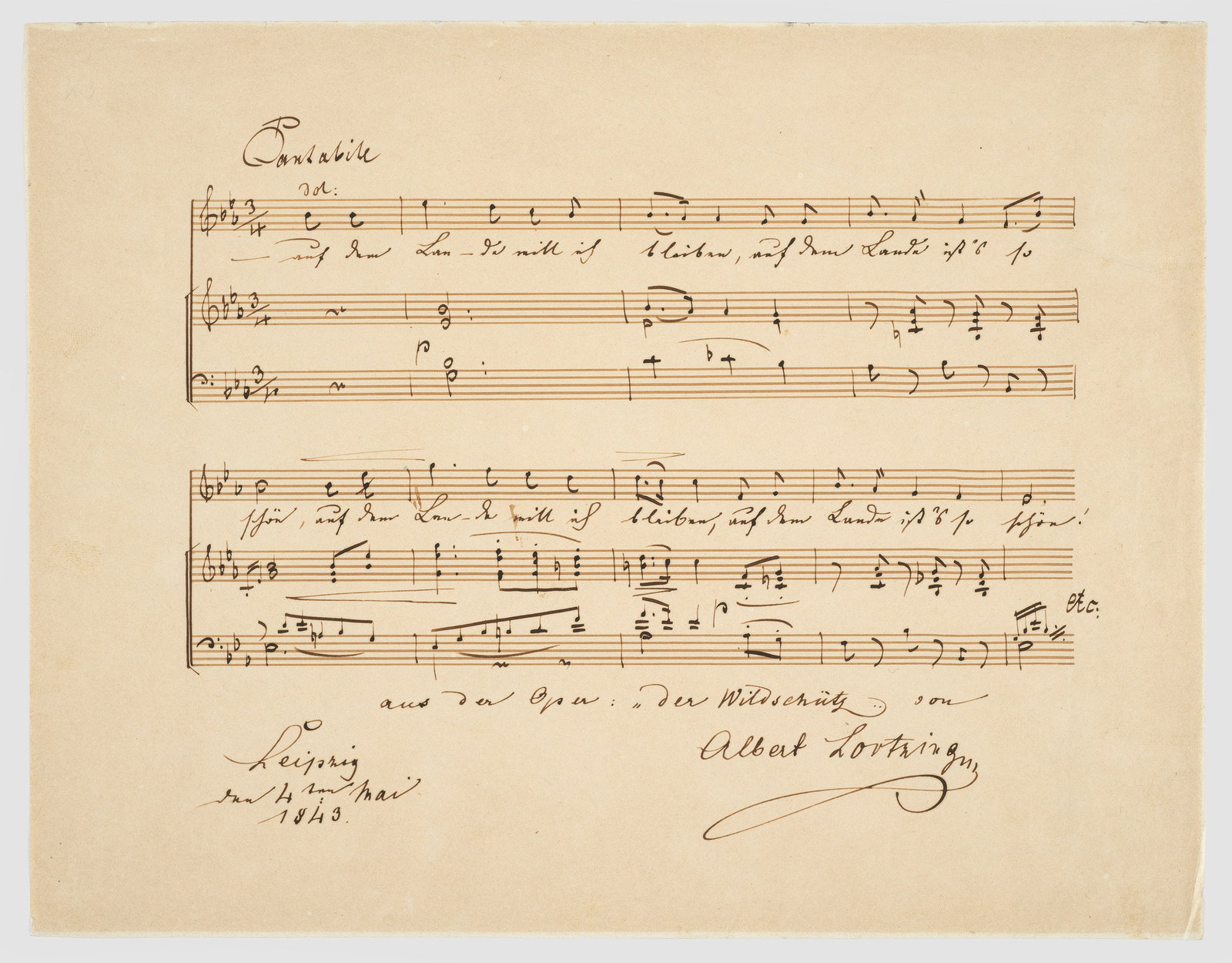 Notenblatt von Albert Lortzing: Eigenhändiges 4°-quer-Notenblatt des deutschen Komponisten, Librettisten und Musikers Albert Lortzings (1801-1851) mit Noten, Text, Unterschrift, Leipzig 4.5.1849. Enthält neun Takte (Klavier und G