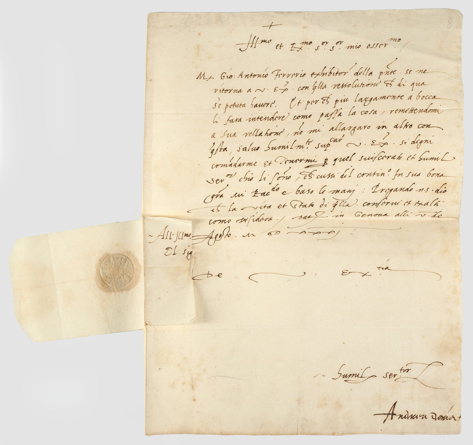 Brief von Andrea Doria: Eigenhändiger, unterschriebener Brief, Genua 5.8.1531. 1 S. 4°-Format, Adresse, Siegelrest. Andrea Doria (1466-1560), italienischer Admiral, Fürst von Melfi und Machthaber von Genua, sendet dieses