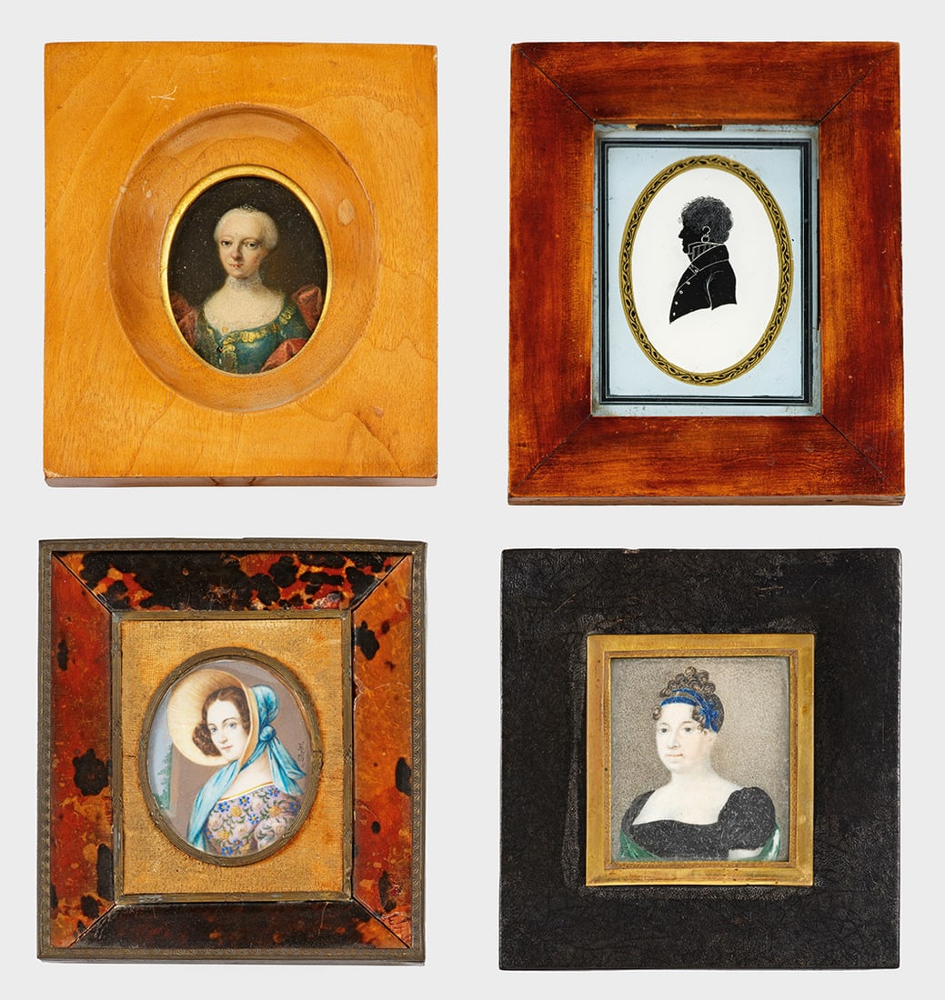 Vier Porträtminiaturen: Brustbilder dreier Damen in Barock-, Empire- oder Biedermeierkleidung, darunter wohl Charlotte Christine von Braunschweig-Wolfenbüttel und Schattenriss eines Herren mit Ohrring. Einmal bez. „n. Sti