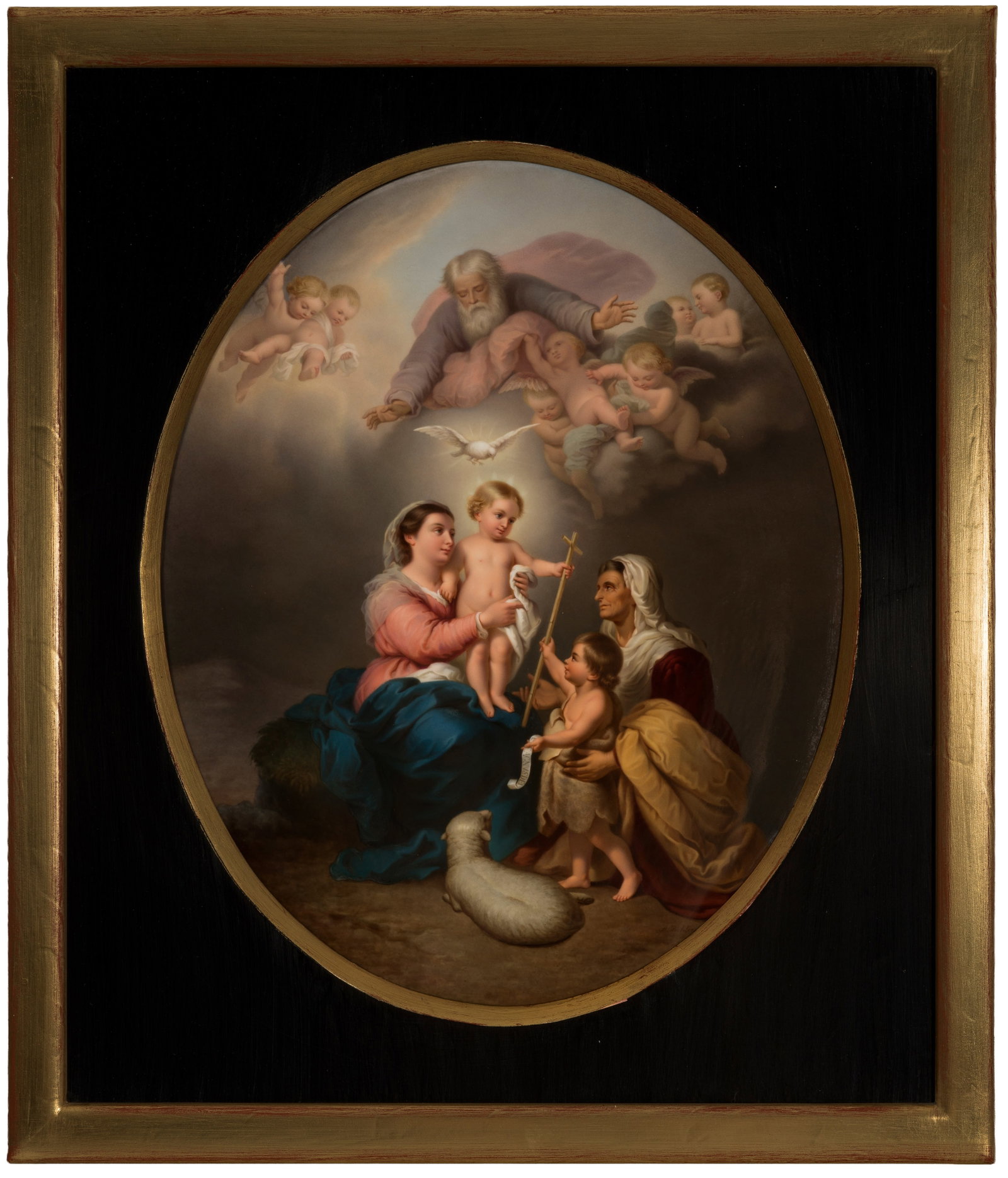 Großes KPM Berlin Porzellanbild "Heilige Familie": in feiner Malerei nach Murillo Ovale Form. In weiter, durch Wolken verdunkelter Landschaft sitzende Maria, auf ihrem Schoß der Jesusknabe. Zu ihren Füßen Elisabeth und Johannes der Täufer in Begle