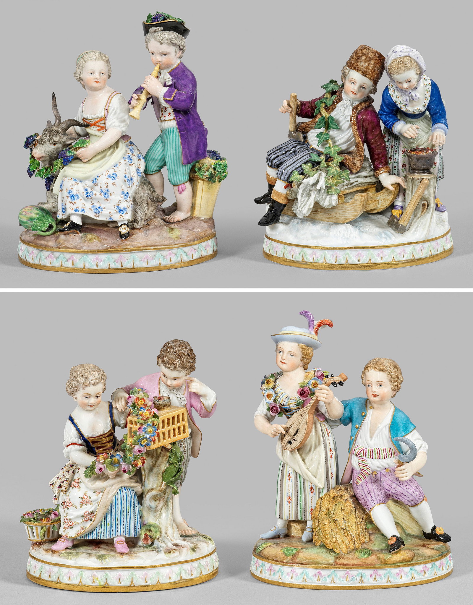 Vier Meissen Figurengruppen aus der Serie "Die Jahreszeiten": Ovaler Sockel mit reliefierter Palmettenbordüre. Auf naturalistisch gestaltetem Terrain komponiertes Kinderpaar mit Attributen der vier Jahreszeiten als Allegorie des Frühlings, Sommers, Herbsts und