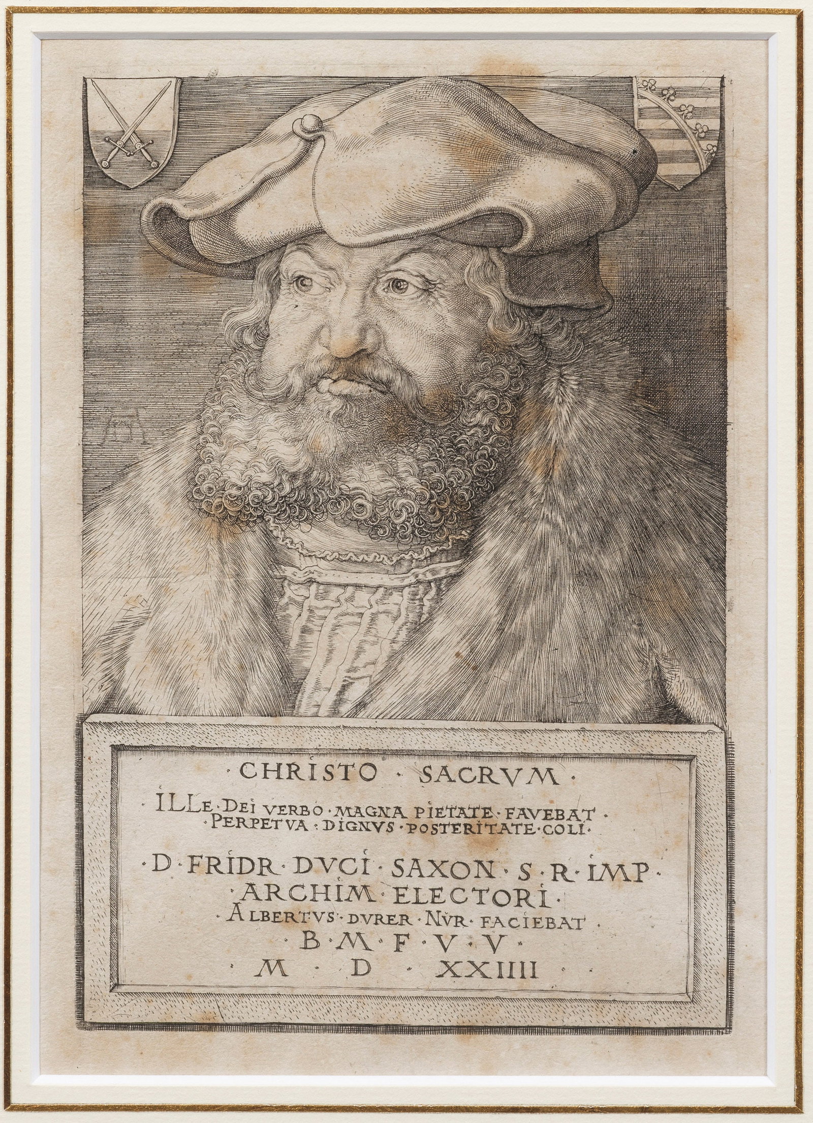 Albrecht Dürer: (1471 Nürnberg - 1528 ebenda) Friedrich der Weise, Kurfürst von Sachsen Kupferstich/Bütten, 1524. In der Platte sign, monogr. u. römisch dat. 1524. Wvz. Meder 102 Id ; Hollstein 102: Bartsch VII.1
