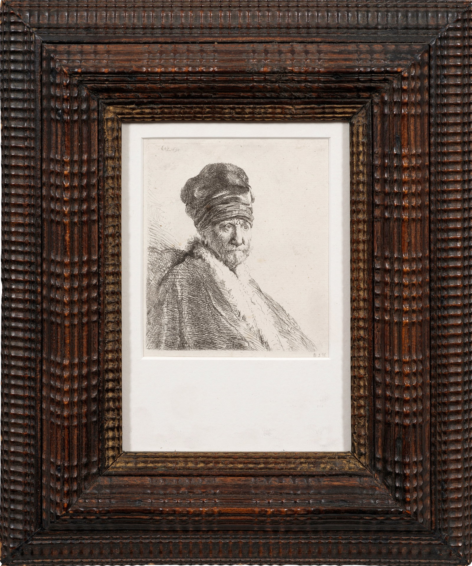 Rembrandt: (1606 Leiden - 1669 Amsterdam) Mann mit Schnurrbart und turbanartiger Mütze Radierung u. Kaltnadel/Bütten, hinterlegt mit dünnem Japan. L. o. in der Platte monogr. u. dat. "RHL 1630". Wvz. Bartsch 