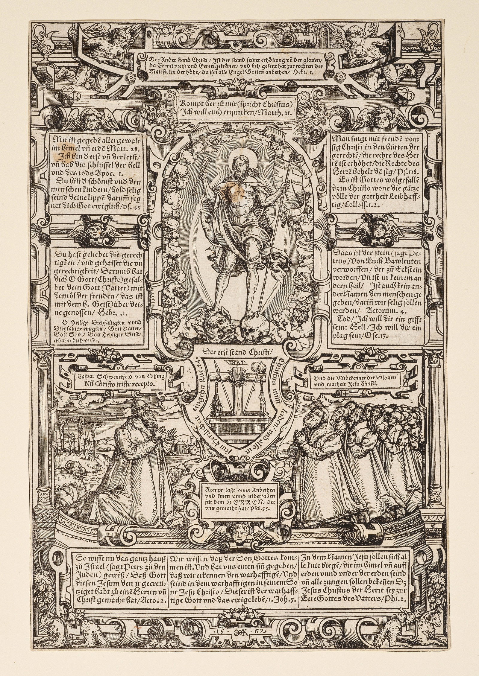 Hieronymus Deckinger: (Tätig 16. Jh.) Votivbild auf Caspar Schwenckfeld von Ossing Holzschnitt/Bütten. Mittig monogr. HD, dat. 1562. Caspar Schwenckfeld und Mitglieder seiner religiösen Gruppierung beten den Auferstande