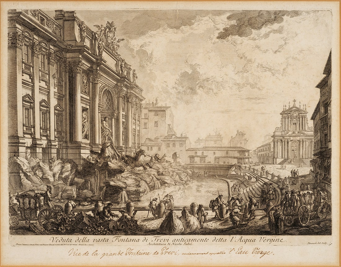 Giovanni Battista Piranesi: (1720 Mogliano - 1778 Rom) "Veduta della vasta Fontana di Trevi anticamente detta l'Acqua Vergine". Originaltitel Radierung/Bütten. Typografisch betitelt und bez. sowie darunter nochmals handschriftl