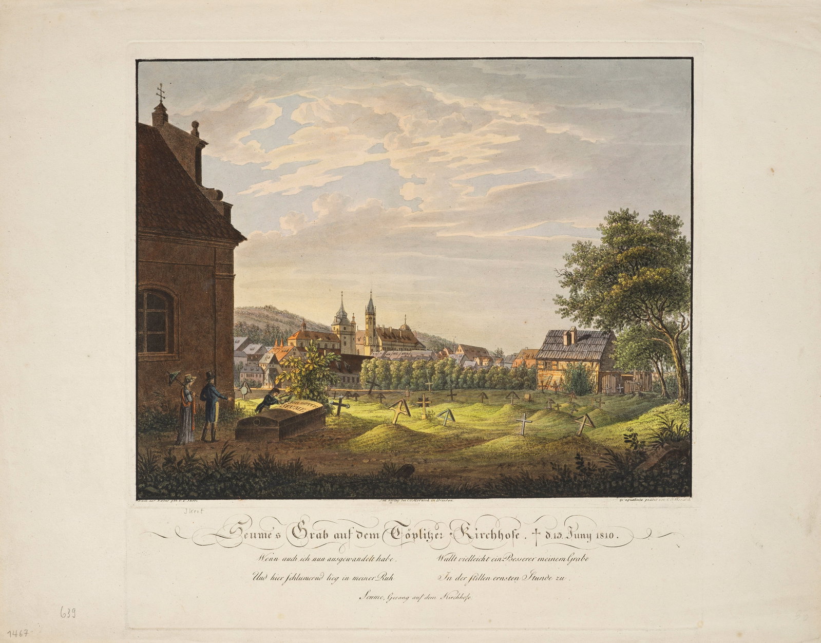 Gottfried Christian Morasch: (1749 Dresden - 1813 ebenda) "Seumes Grab auf dem Töplitzer Kirchhofe". Originaltitel Kolorierte Aquatintaradierung/Velin (mit Wasserzeichen CEA Fischer), um 1810. Mit gedruckter Adresse und von sepa
