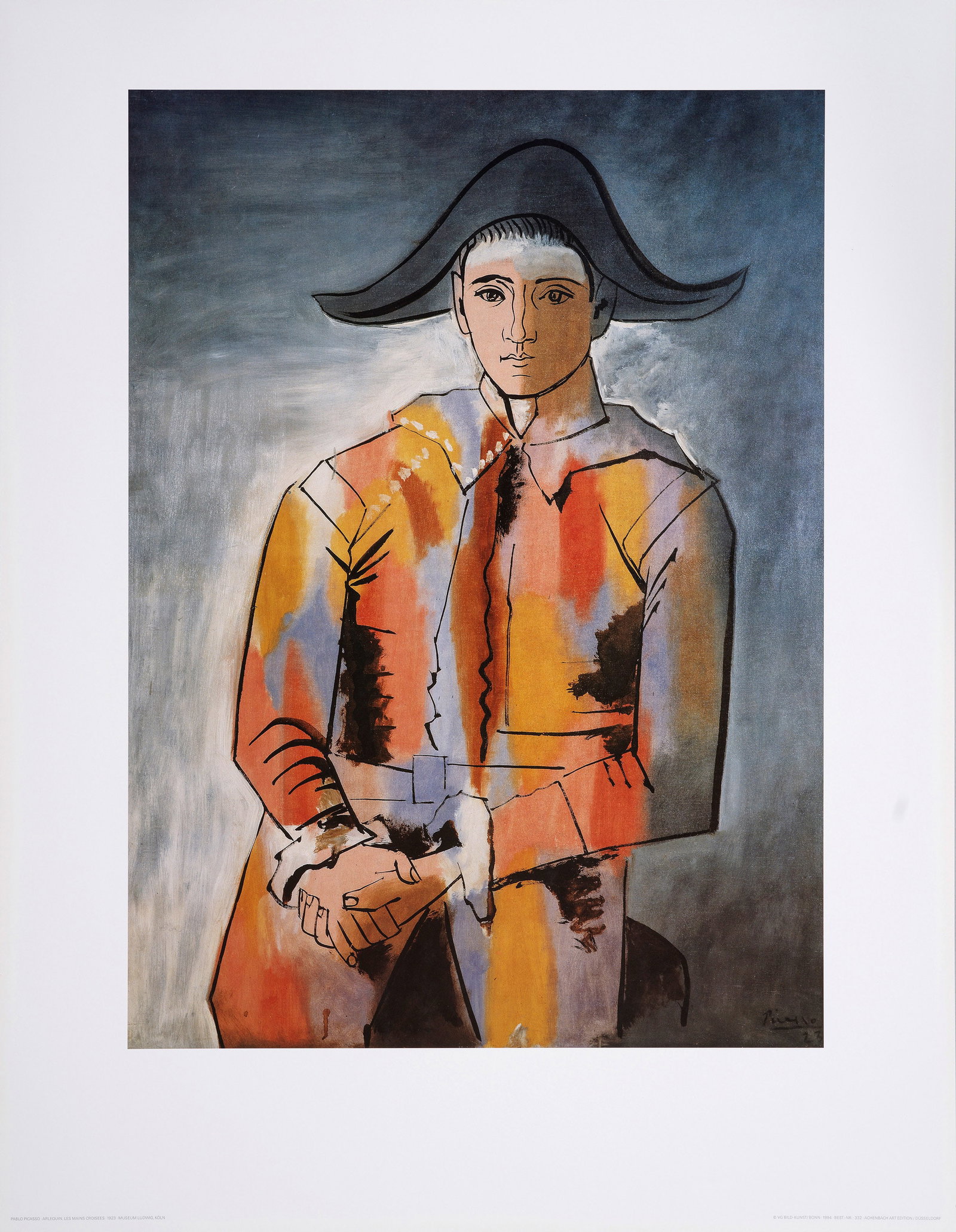Pablo Picasso: (1881 Málaga - 1973 Mougins) nach "Arlequin, les mains croisées". Originaltitel Farboffsetdruck/Kunstdruckpapier, 1994. Beschriftet im Druck. Nach dem Original Picasso von 1923. Copyright VG Bild-Ku