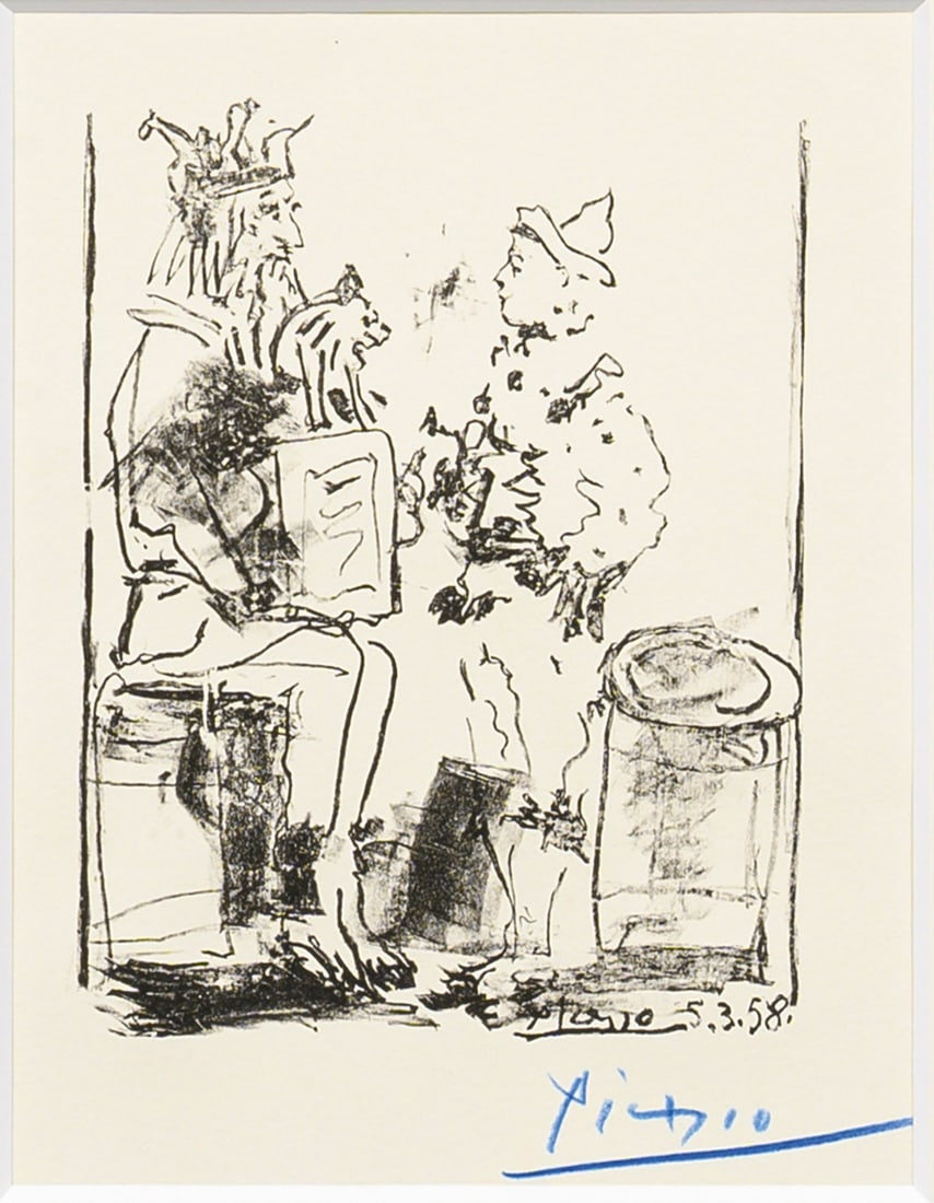 Pablo Picasso: (1881 Málaga - 1973 Mougins) "Les Saltimbanques". Originaltitel Lithographie/Velin, 1958. In Blau sign. oder bez.; Im Stein nochmals sign. und dat. 5.3.(19)58. Frontispiz aus: Leon Level, "Souvenirs 