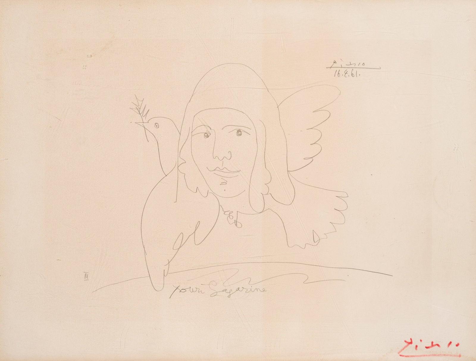 Pablo Picasso: (1881 Málaga - 1973 Mougins) nach "Pour Youri Gagarine". Originaltitel Offsetlithographie/Papier, kaschiert auf Karton. R. u. Gelegenheitssignatur in Rot. Erschienen außerhalb der Auflage, die zwisc