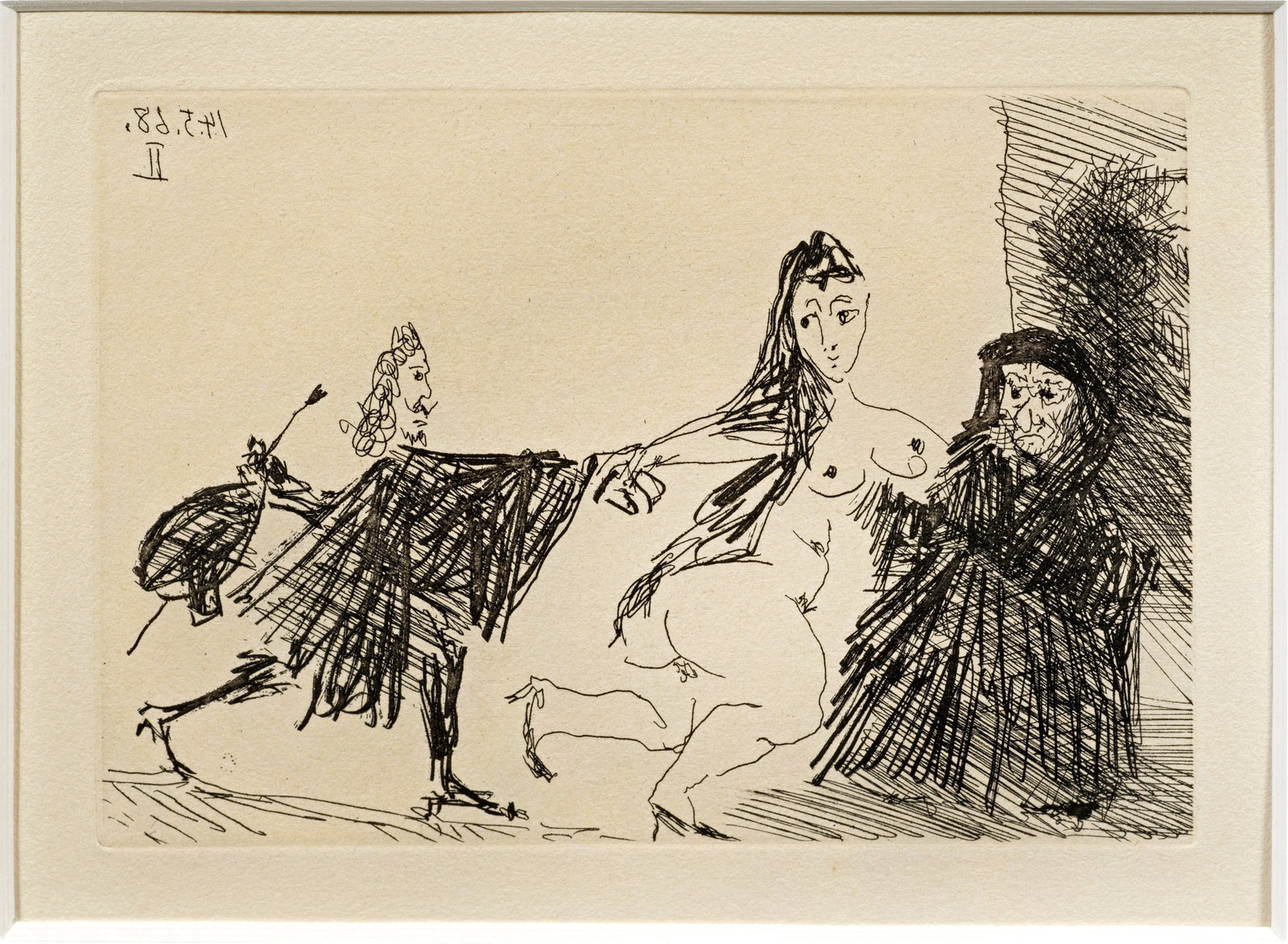 Pablo Picasso: (1881 Málaga - 1973 Mougins) "Gentilhomme courant après une femme et Célestine (II)"/"La Célestine en action, Le Pigeon". Originaltitel Radierung/Richard le Bas-Bütten, 1968. In der Platte spiege