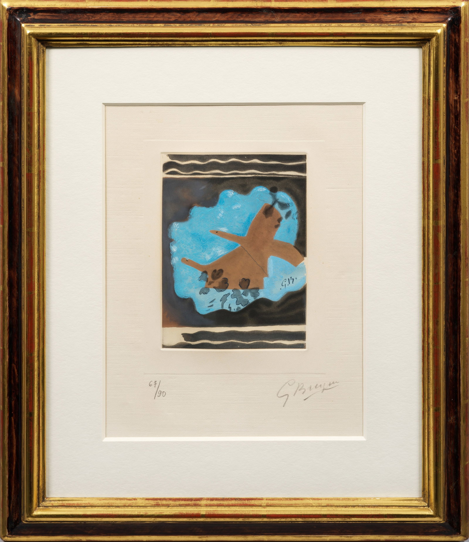 Georges Braque: (1882 Argenteuil - 1963 Paris) "Migration". Originaltitel Farbaquatinta/Rives, 1962. Sign. und nummeriert 67/90. Wvz. Vallier 172. Platte ca. 23,7 cm x 17,5 cm (Passepartoutausschnitt). Rahmen. Proven