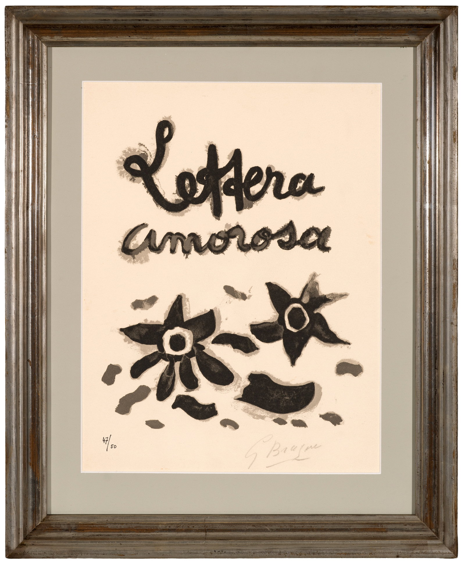 Georges Braque: (1882 Argenteuil - 1963 Paris) "Lettera amorosa". Originaltitel Lithographie/Velin, 1963. Sign. sowie von fremder Hand nummer. 47/50. Titelblatt des gleichnamigen Künstlerbuches, in dem Braque Gedich