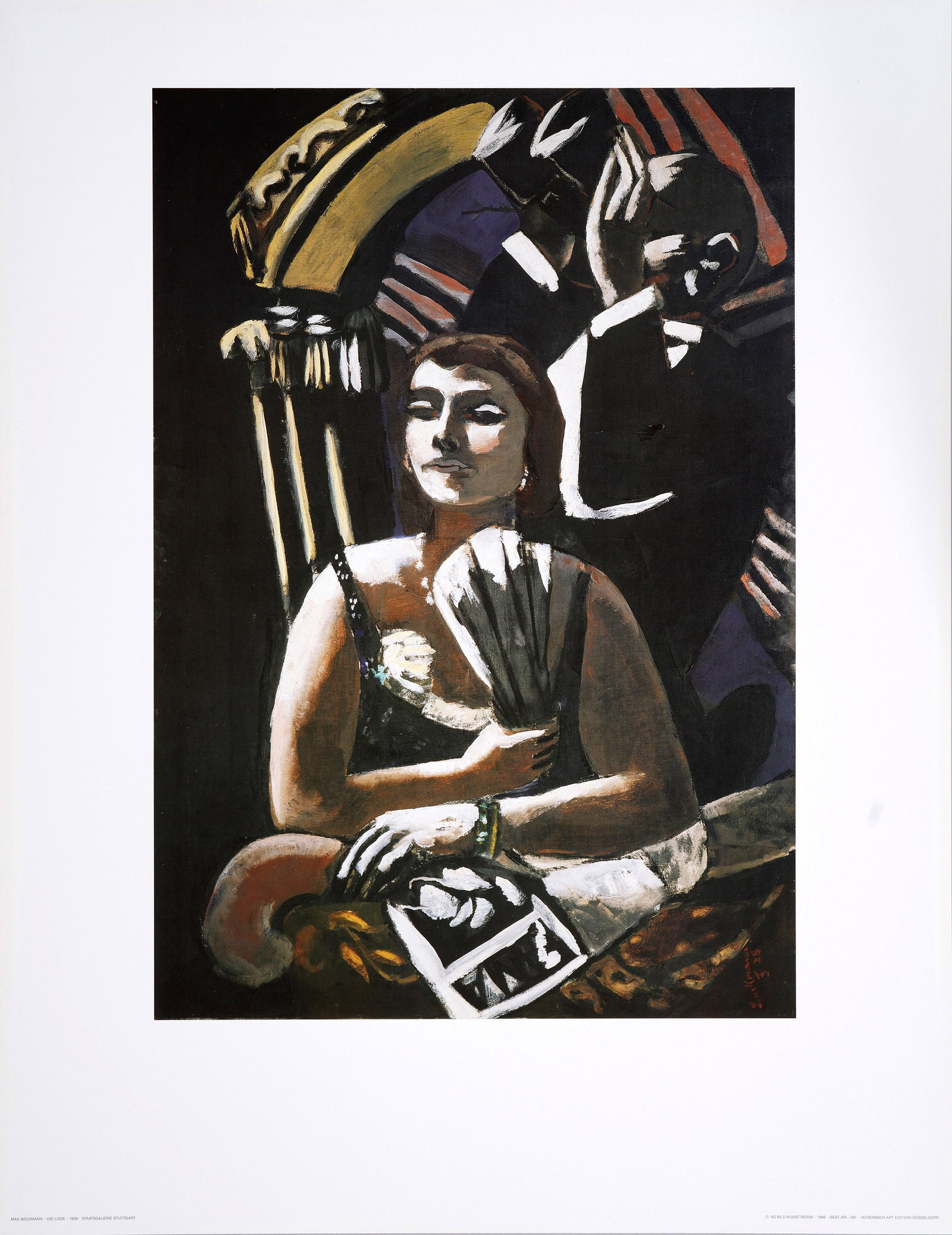 Max Beckmann: (1884 Leipzig - 1950 New York) nach "Die Loge". Originaltitel Farboffsetdruck/Kunstdruckpapier, 1988. Beschriftet im Druck. Nach dem Original Beckmanns von 1928. Copyright VG Bild-Kunst, Bonn. Hrsg. A