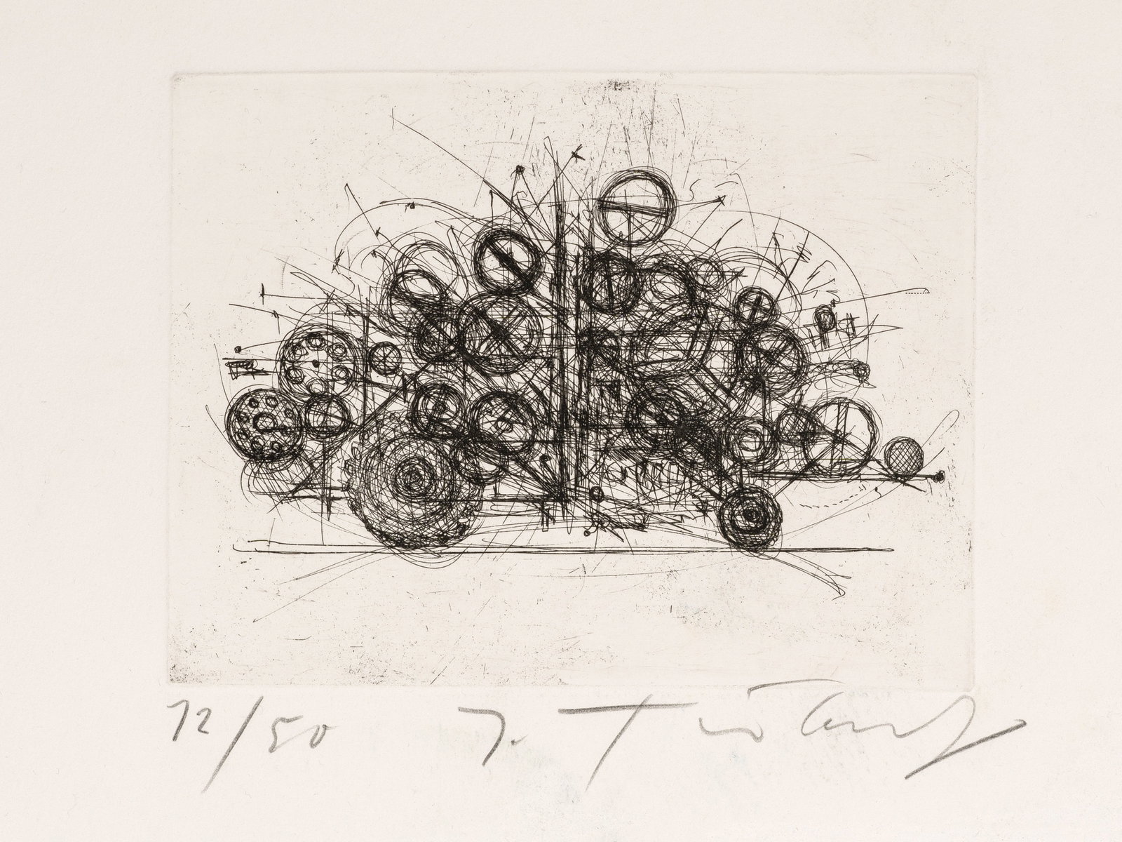 Jean Tinguely: (1925 Freiburg/Schweiz - 1991 Bern) "Klamauk". Originaltitel Radierung/Velin, 1979. Sign. und nummer. 12/50. Aus Tinguelys Werkgruppe der fahrenden Maschinenskulpturen, ein modifizierter Traktor als K