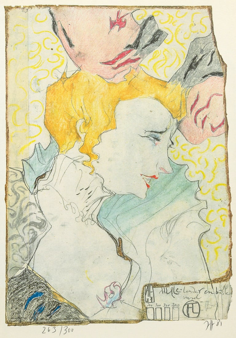 Horst Janssen: (1929 Hamburg - 1995 ebenda) "Mademoiselle Lender en buste". Originaltitel Farblithographie/Bütten, 1981. Sign., dat. (19)81 und nummeriert 263/300. Im Stein nochmals sign. und dat. sowie betitelt.