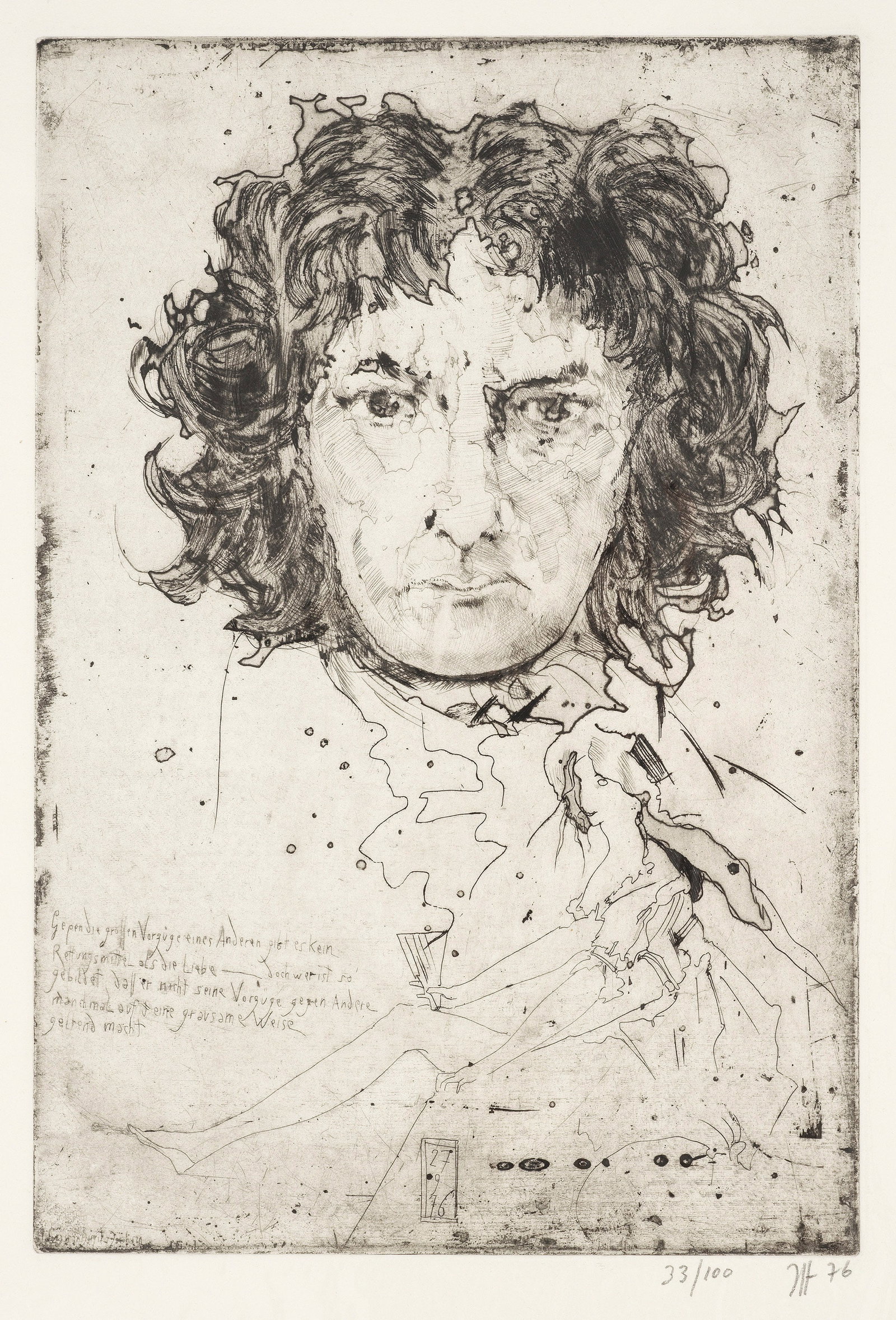 Horst Janssen: (1929 Hamburg - 1995 ebenda) Nach dem Selbstbildnis von Francisco de Goya Radierung, Strichätzung und Kaltnadel/Velin, 1976. Sign., dat. (19)76 und nummer. 33/100. Nach dem Werk von Francisco José