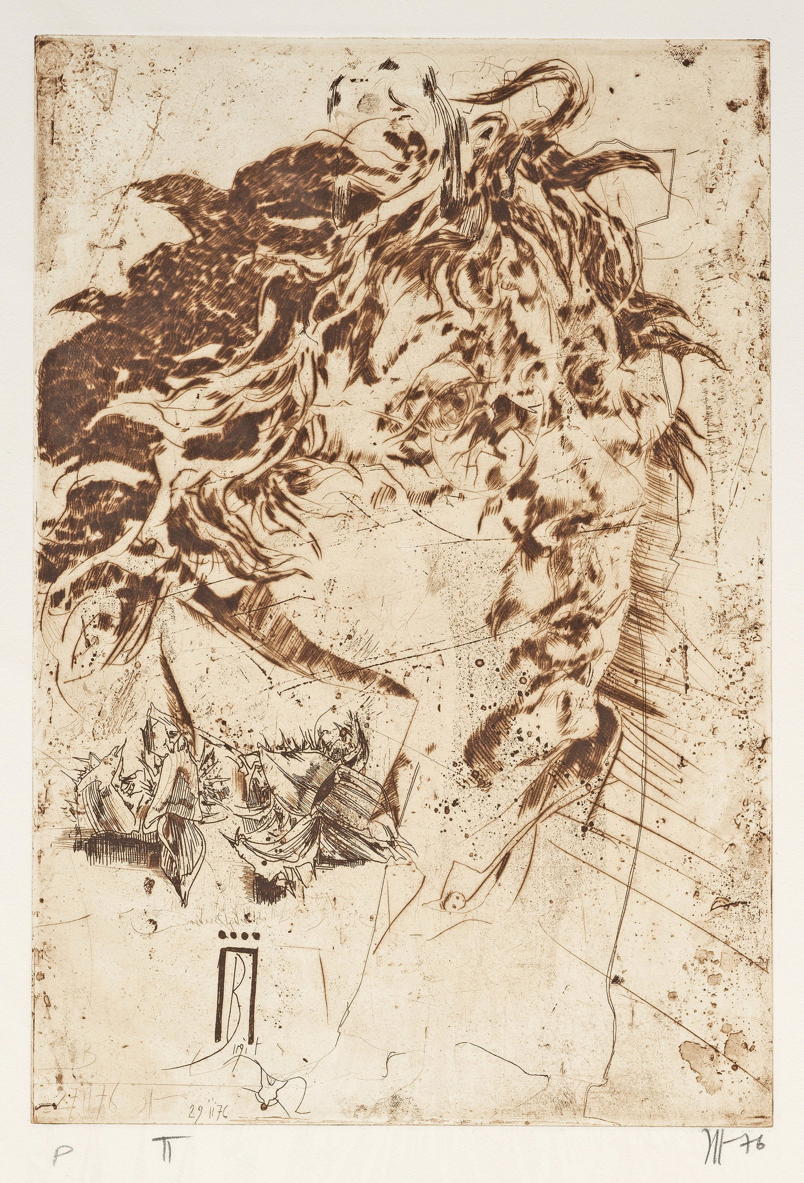 Horst Janssen: (1929 Hamburg - 1995 ebenda) Selbstbildnis für Birgit Radierung, Strichätzung und Kaltnadelradierung/Papier, 1976. Sign., dat. (19)76 und bez. als Probedruck. In der Platte dat. und bez.; Wvz.
