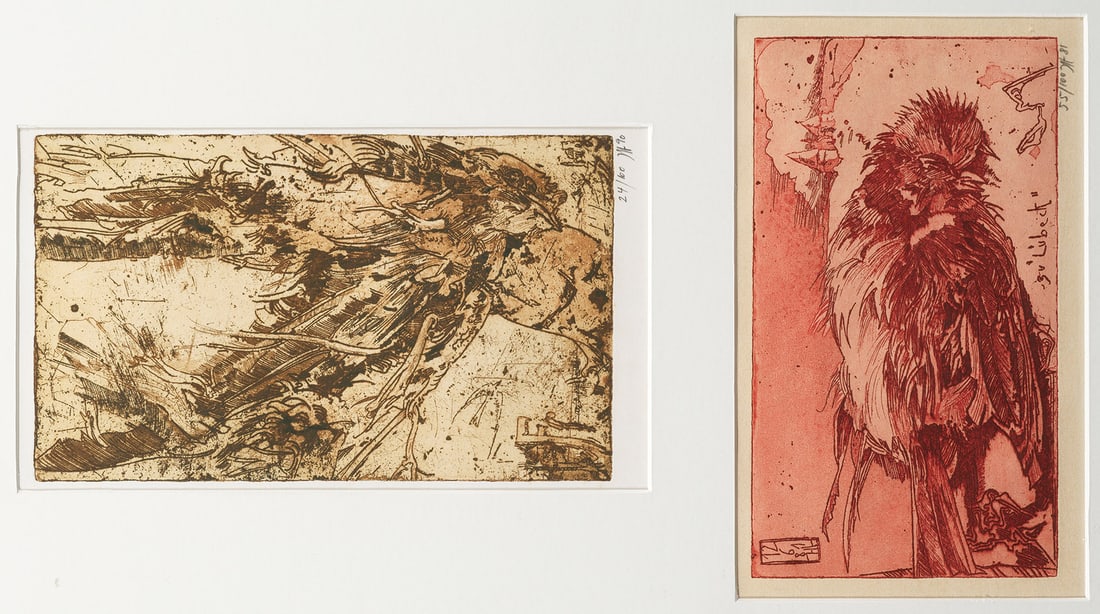 Horst Janssen: (1929 Hamburg - 1995 ebenda) "Vogelbaum" (Fallender Vogel) und "Toter Vogel" Zwei Farbaquatintaradierungen/Velin, 1981/1990. Je im Unterrand signiert, dat. (19)90 bzw. (19)81 sowie nummer. 24/100