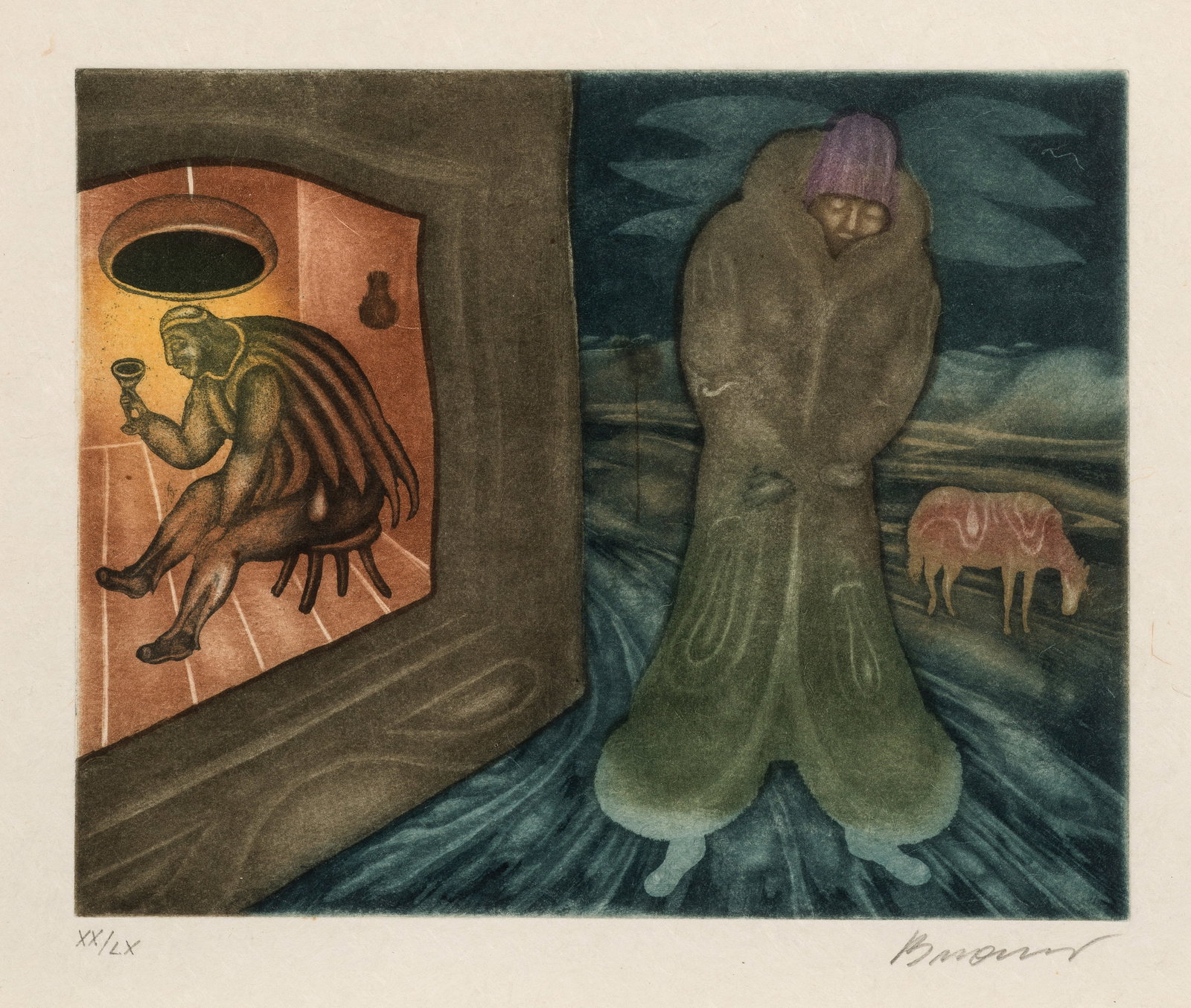Arik Brauer: (1929 Wien - 2021 ebenda) "Der Fuhrmann". Originaltitel Farbaquatintaradierung/Japan, 1968-1970. Sign. und nummer. XX/LX. Blatt 5 aus der Mappe "Chassidische Erzählungen", gedruckt im Atelier Rigal,