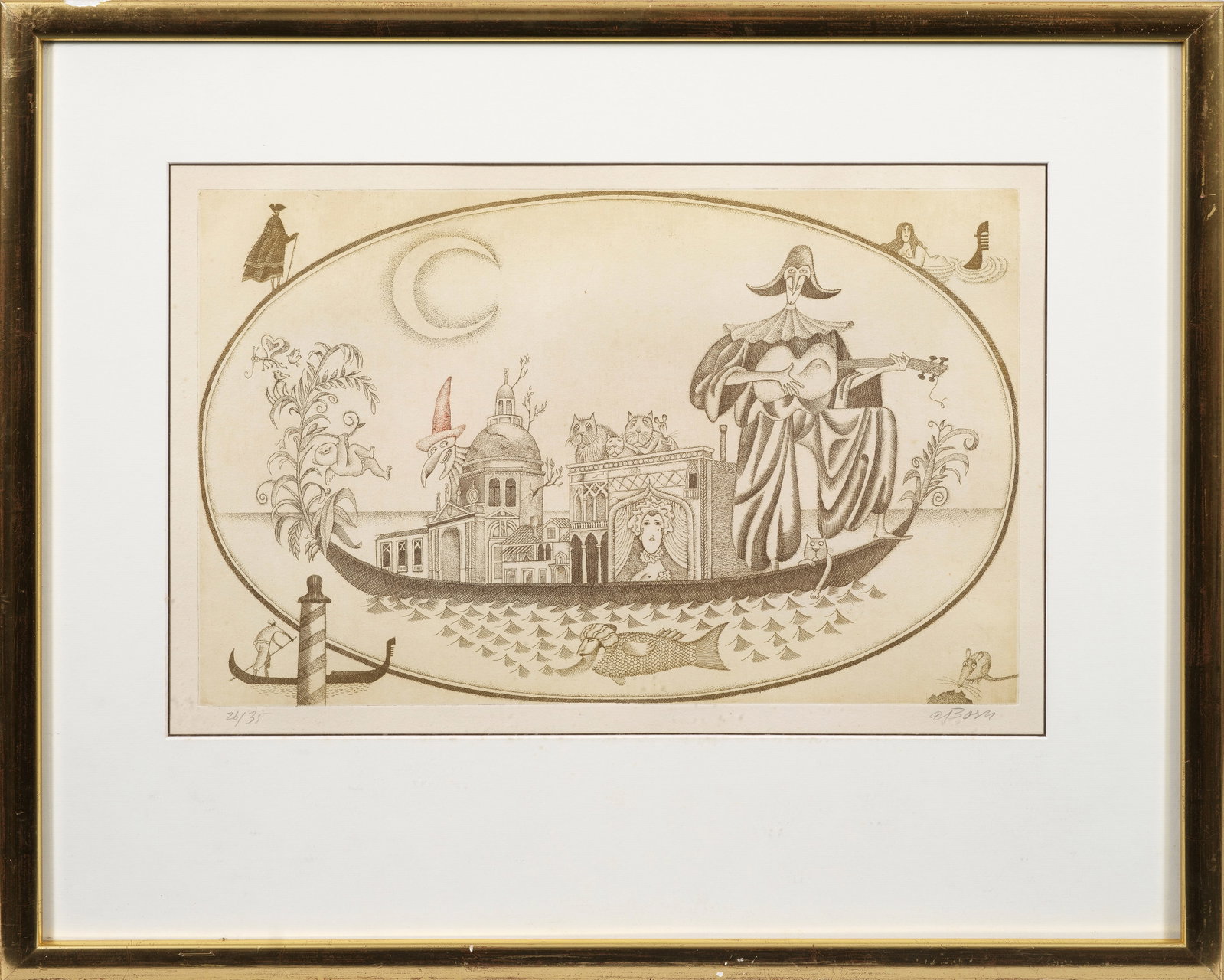 Adolf Born: (1930 Ceské Velenice - 2016 Prag) "Pozdrav z Benátek" ("Grüße aus Venedig"). Originaltitel Radierung in Braun/Papier, 1978. Sign. u. nummeriert 26/35. Mit feinem Plattenton abgezogenes Blatt des b