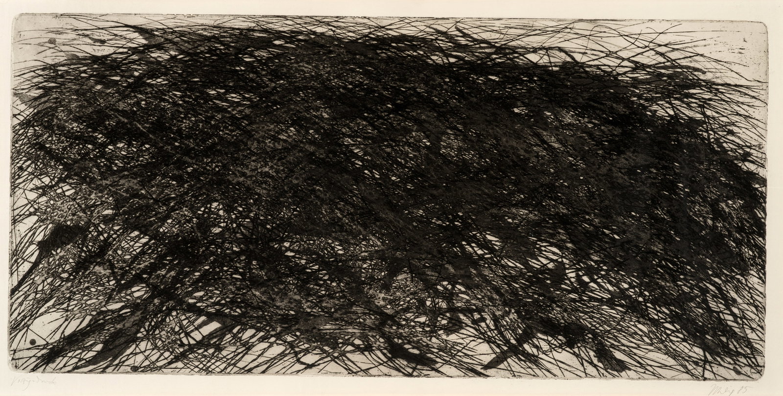Max Uhlig: (1937 Dresden - Ansässig ebenda) Landschaft Radierung/Velin. Sign. u. dat. 1985, bez.: "Vorzugsdruck". Auf dem Rückseitenschutz Klebeetikett mit Bildangaben und Objektnummer UHL2461. Plattenmaß 44