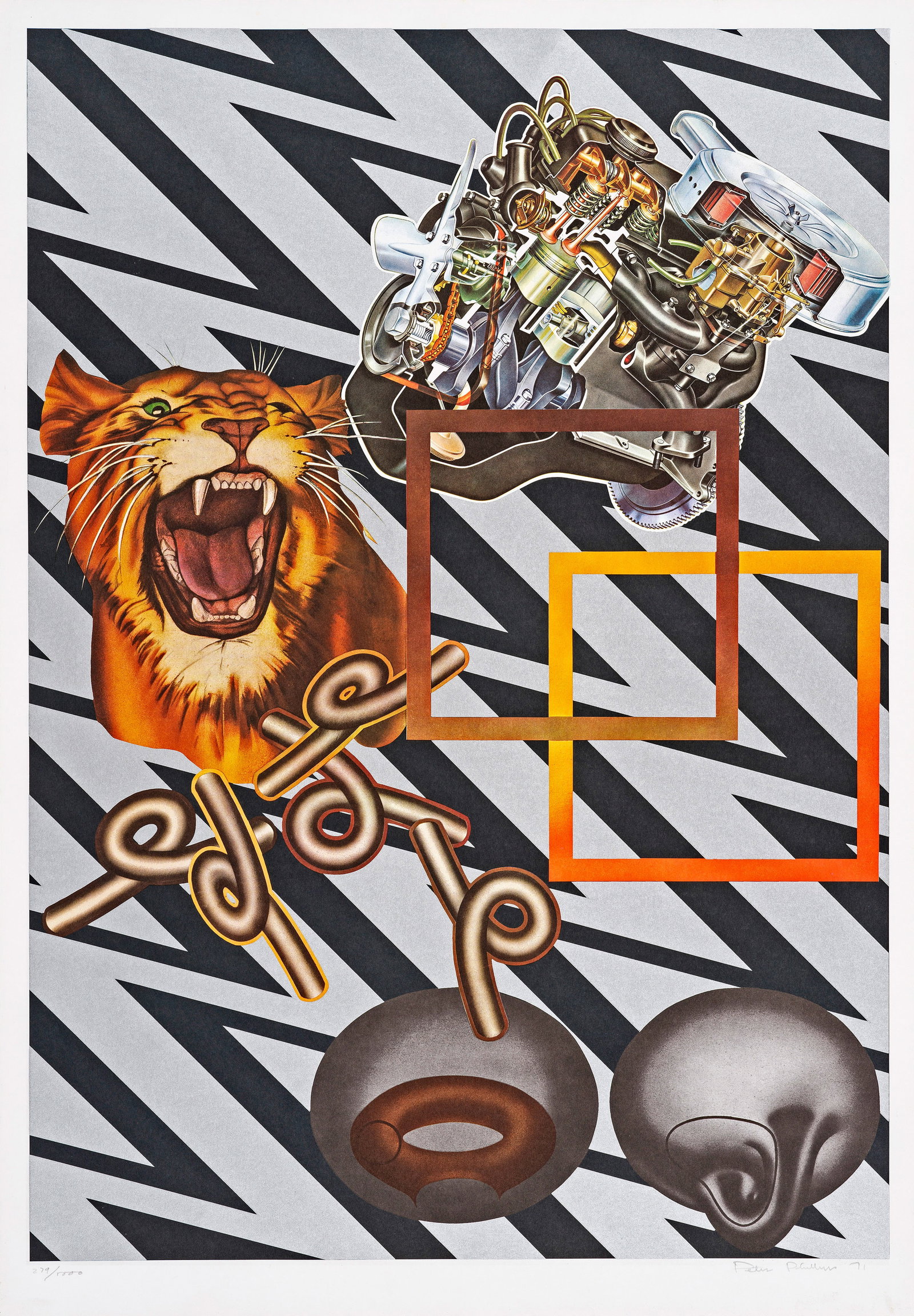Peter Phillips: (1939 Birmingham - 2025 Sunshine Coast/Australien) "Safari (Silver)". Originaltitel Farbserigrafie/festes Papier, 1971. Sign., dat. (19)71 und nummeriert 279/1000. Darstellung 85 cm x 59,5 cm. Blatt 9